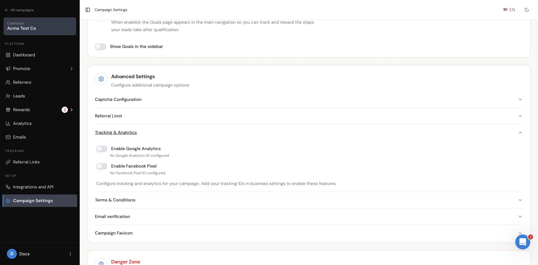Referral Factory Campaign Settings with Facebook Pixel enabled under Tracking and Analytics