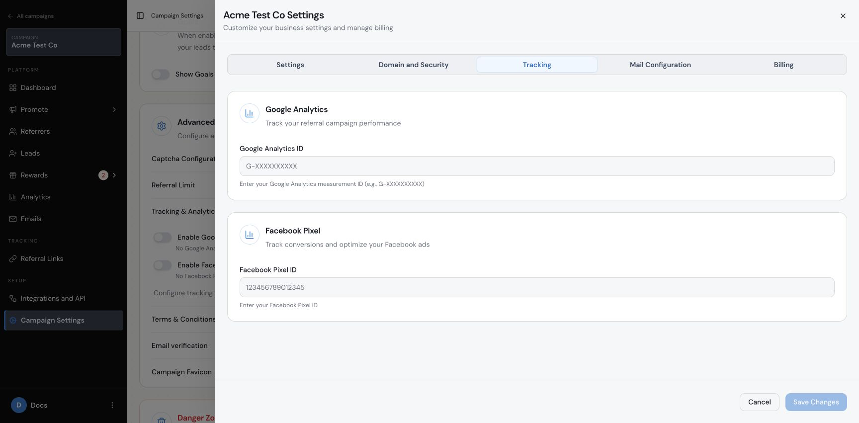 Referral Factory Organization Tracking settings with the Facebook Pixel ID field