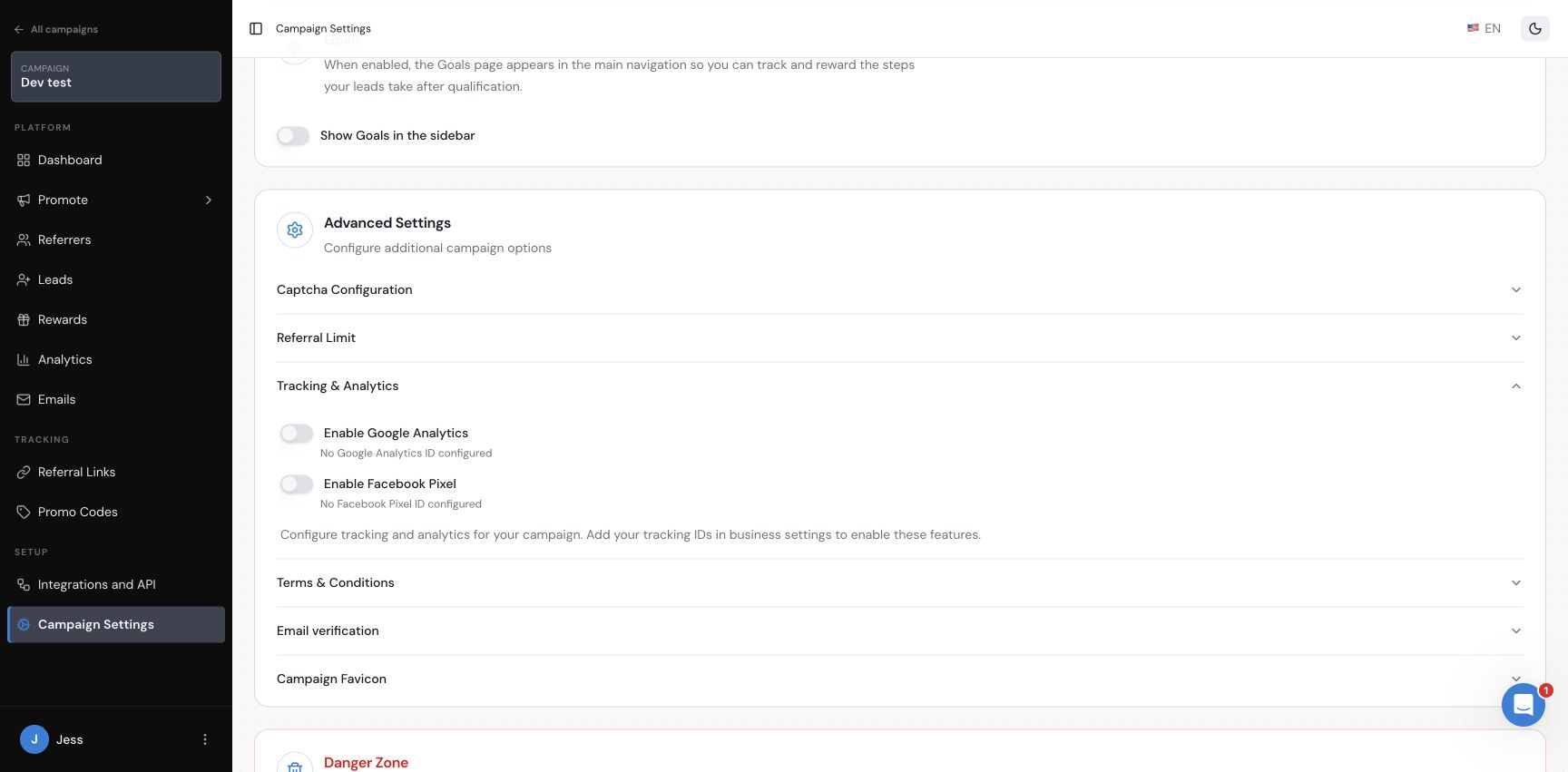 Referral Factory Campaign Settings with Google Analytics enabled under Tracking and Analytics