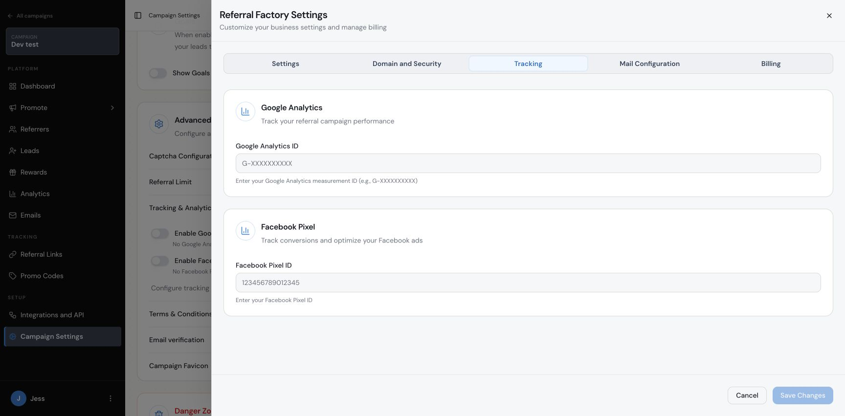 Referral Factory Organization Tracking settings with the Google Analytics ID field