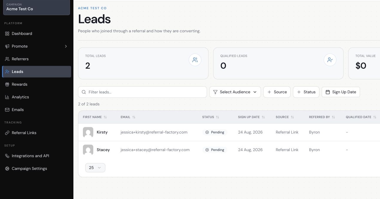 Referral Factory Leads table showing Source, Referred By, Status and Qualified Date