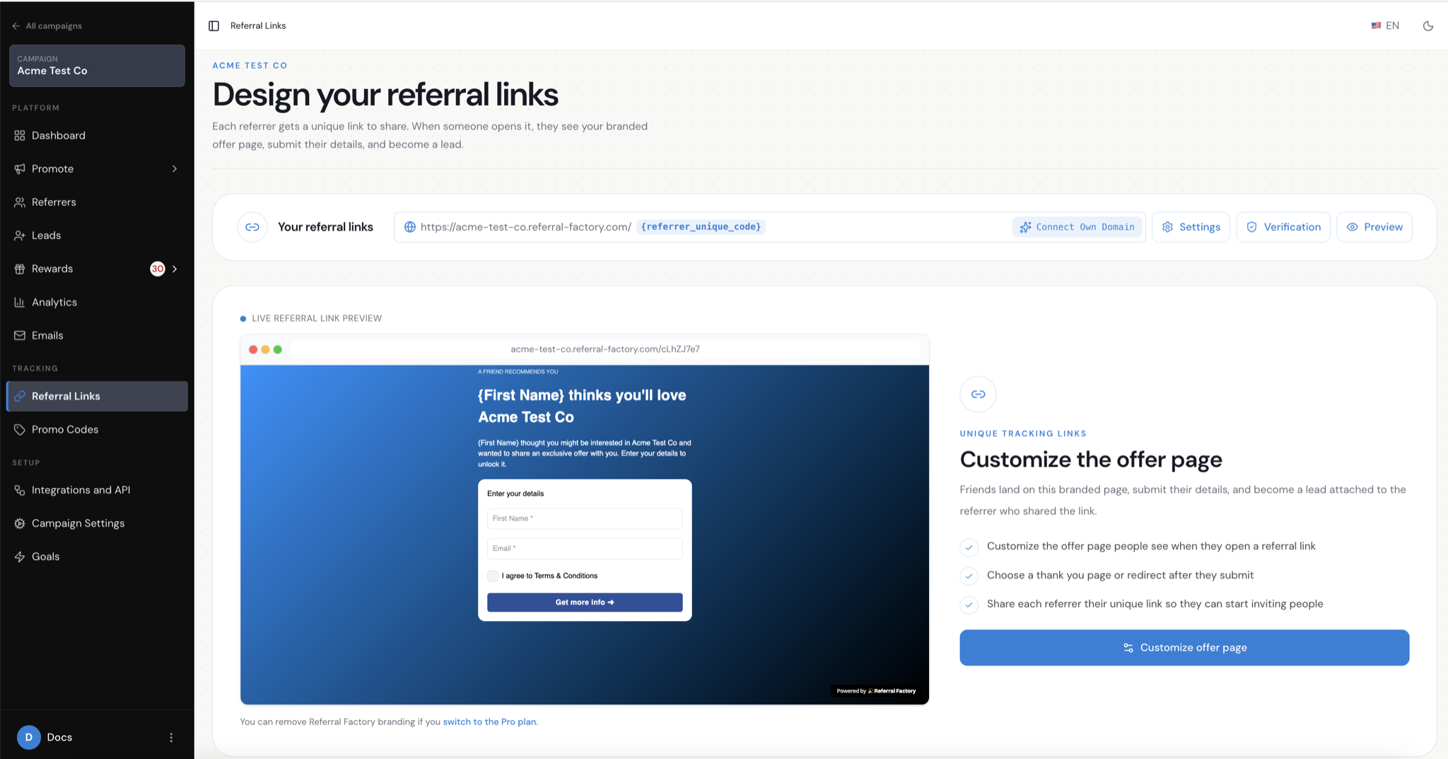Referral Factory Referral Links area showing a live Referral Link Page and unique referral links