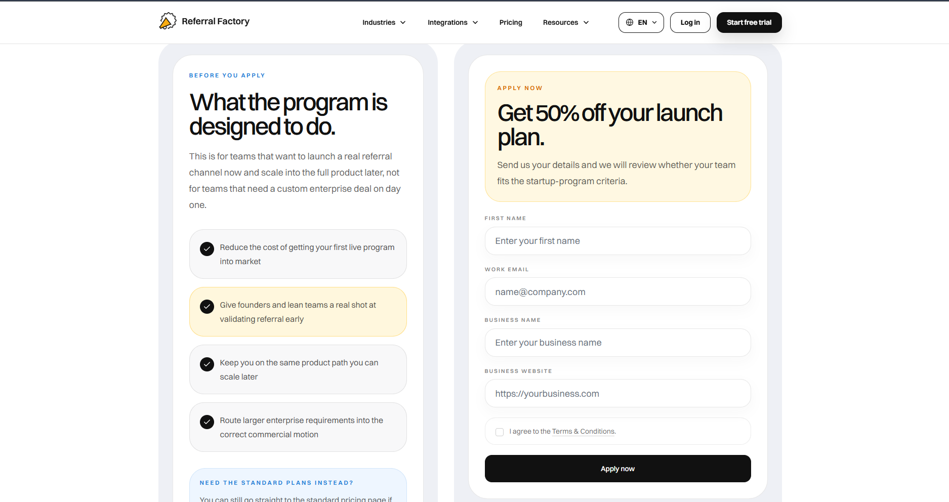 Referral Factory Startup Program application form