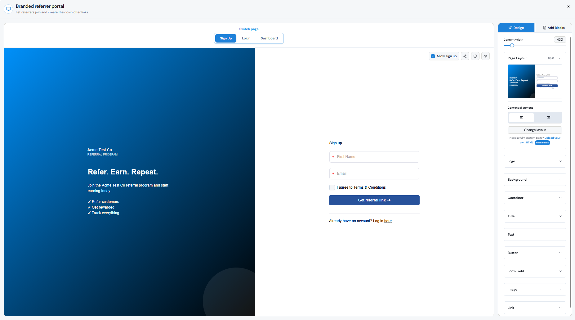 Referral Factory Branded Referrer Portal design editor