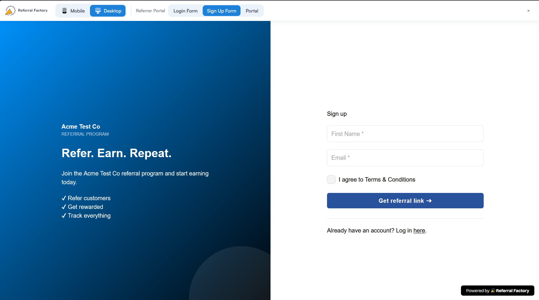 Desktop and mobile preview controls in the Referral Factory page builder