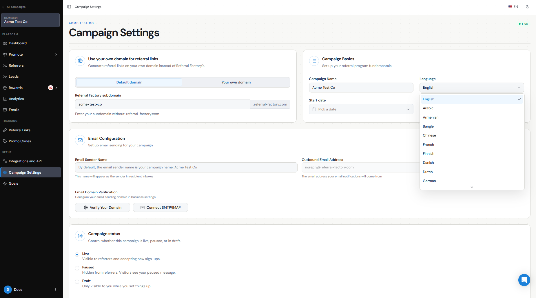 Campaign Language setting in Referral Factory Campaign Settings