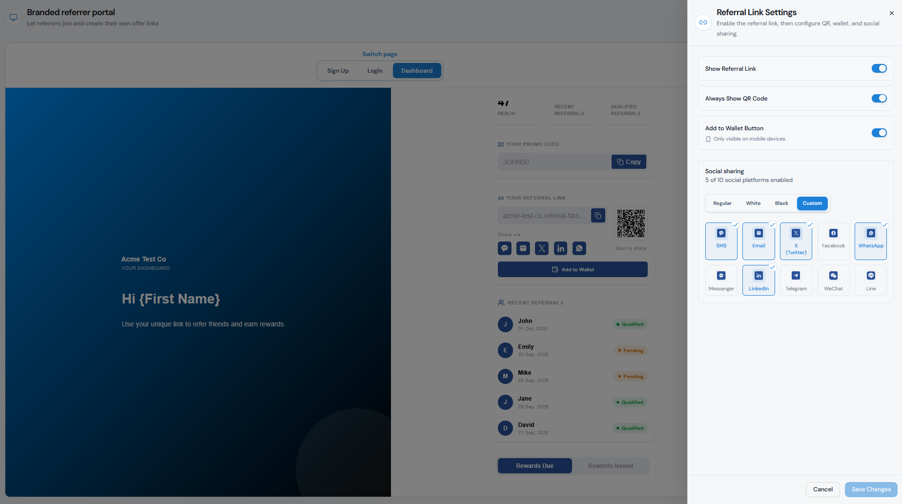 Social sharing buttons selected in the Branded Referrer Portal editor