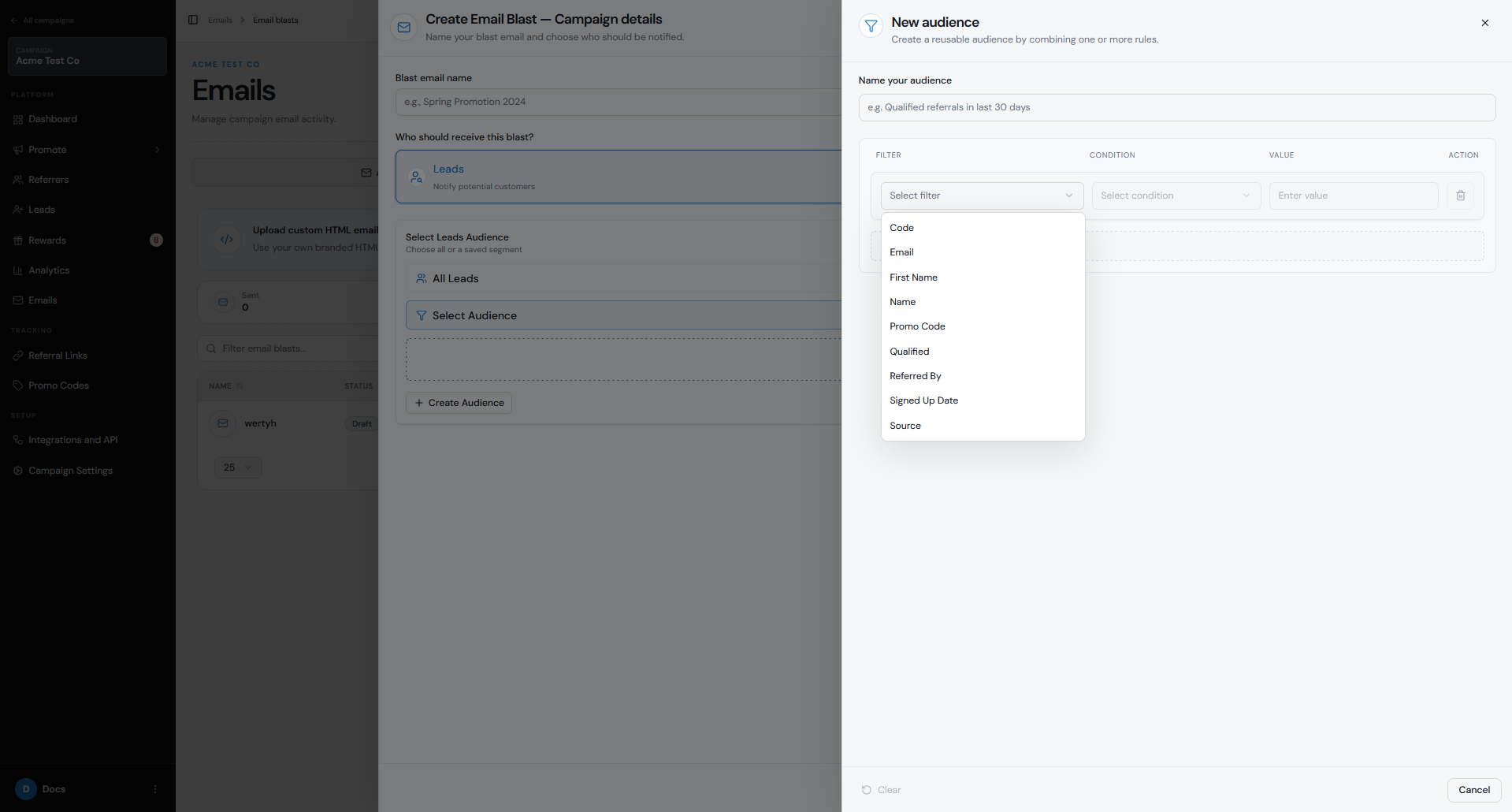Creating a filtered email Audience