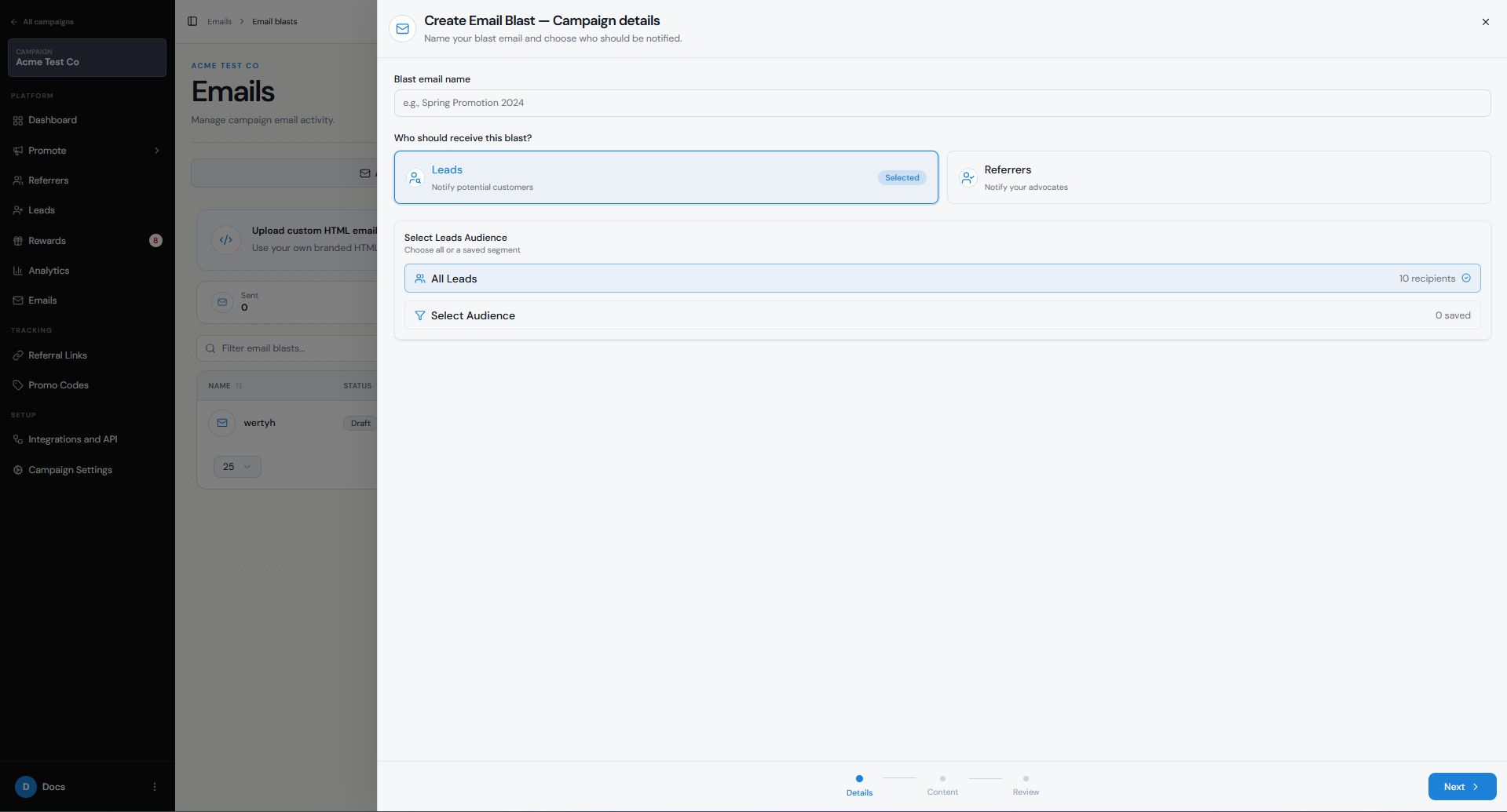 Creating a new Email blast