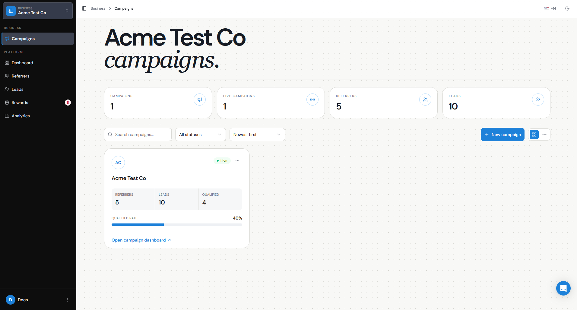 All campaigns page in Referral Factory
