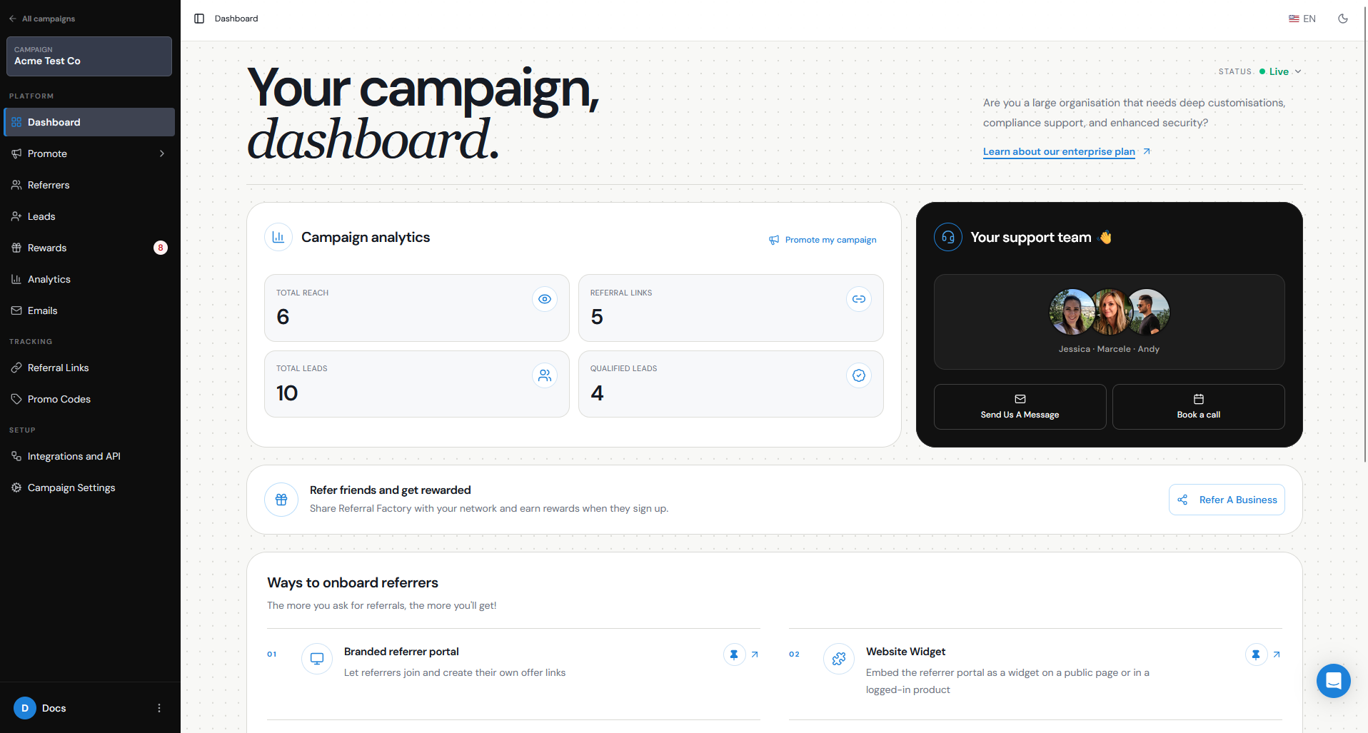 Referral Factory campaign dashboard