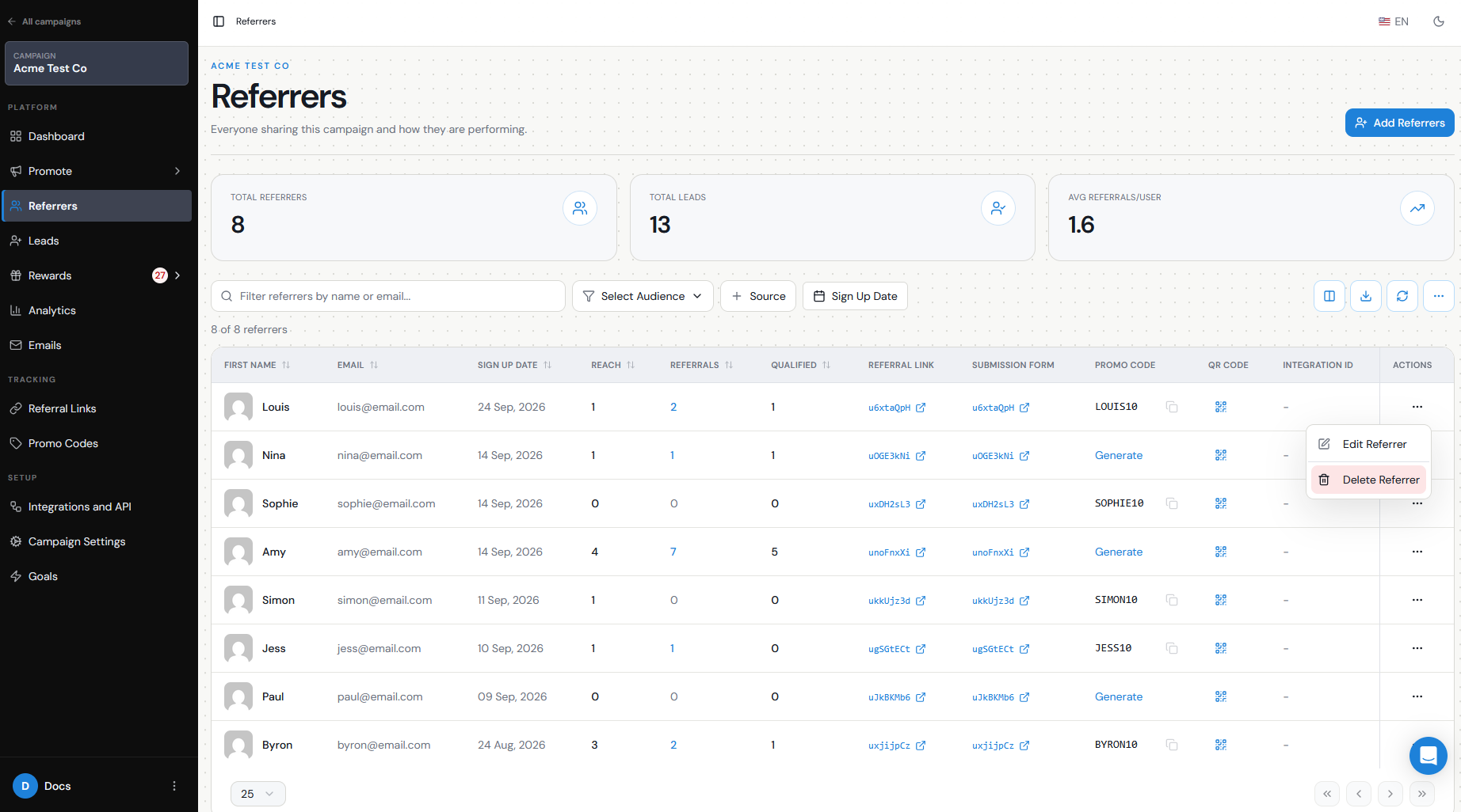 Delete Referrer action in Referral Factory