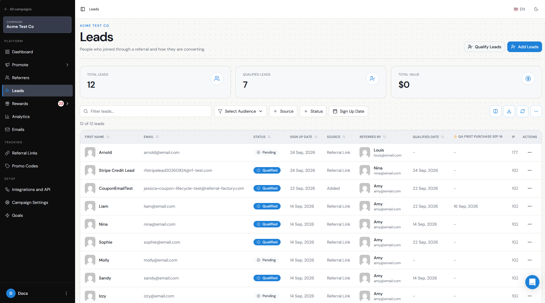 Test Lead in the Referral Factory Leads list