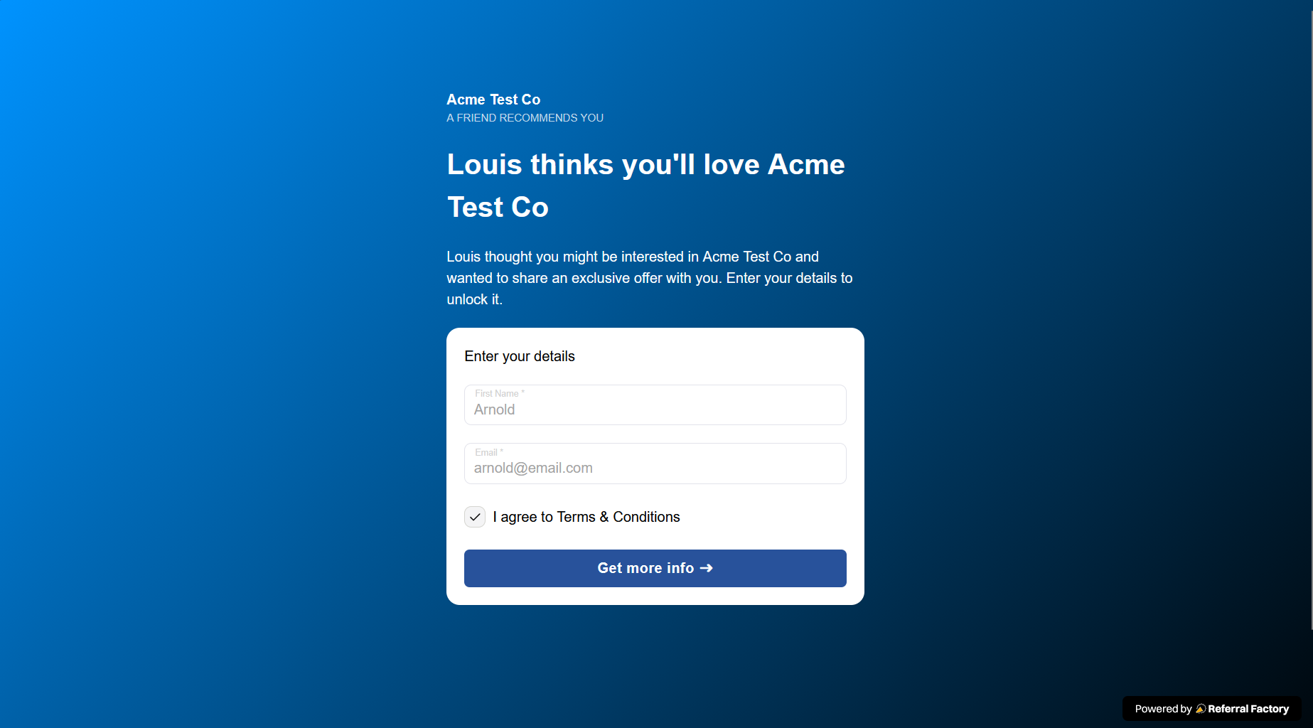 Referral Link Page test signup form