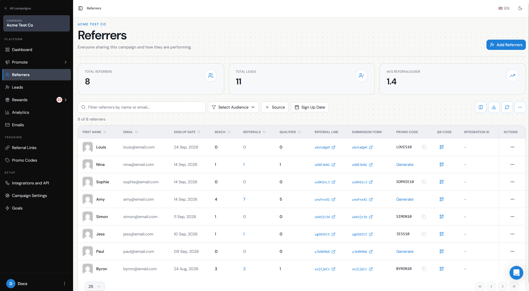 Test Referrer in the Referral Factory Referrers list