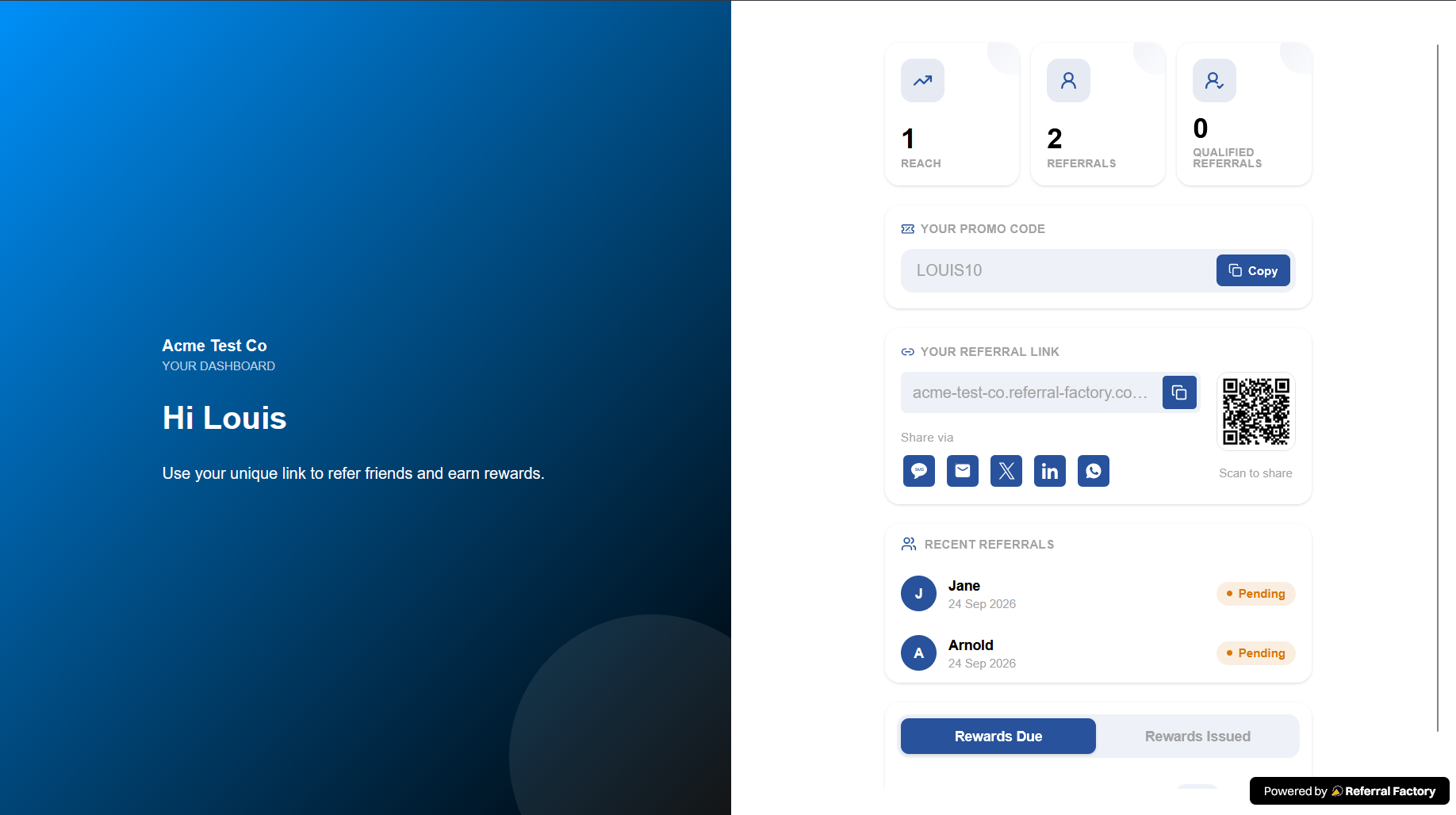 Referral sharing buttons in the Referrer Portal