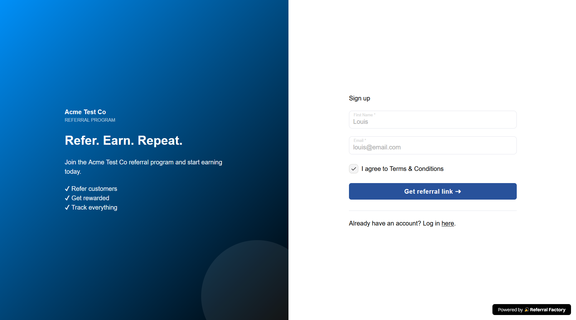 Branded Referrer Portal test signup form