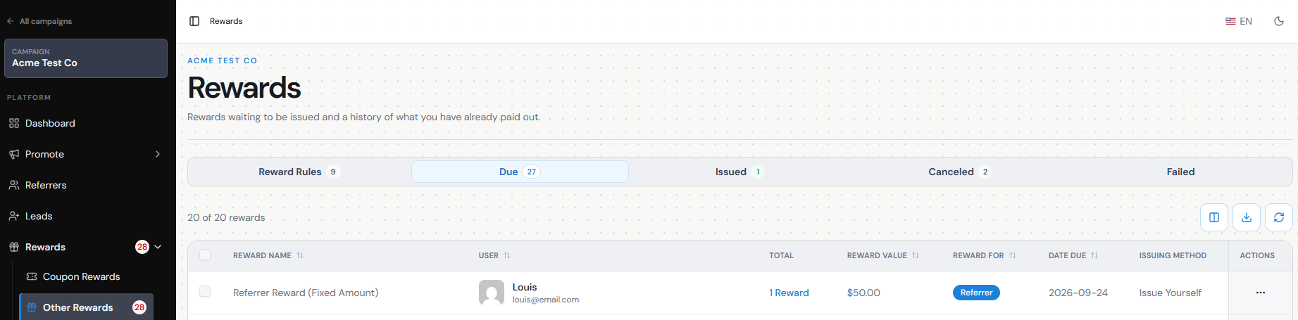 Issued test reward in Referral Factory