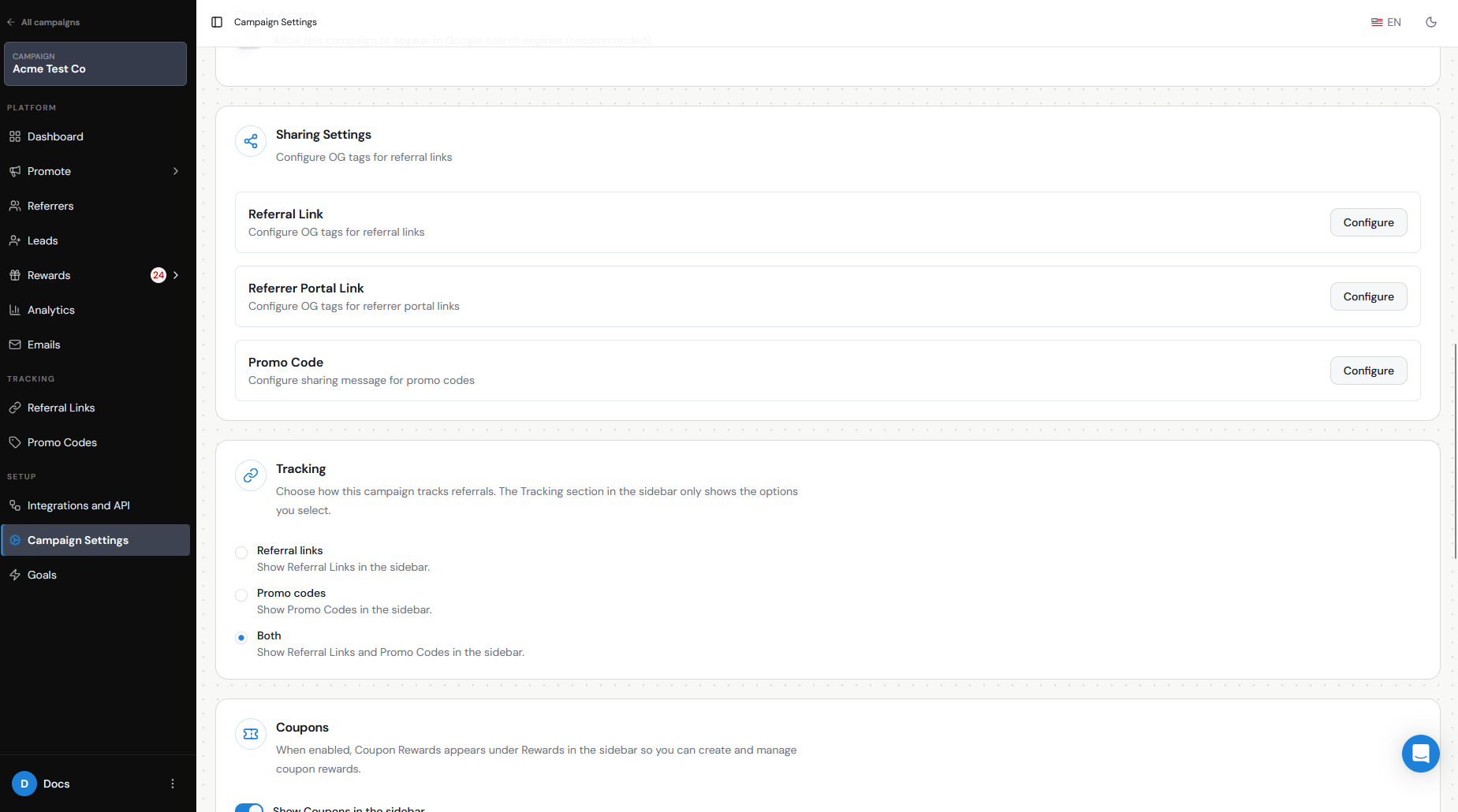 Referral Link Sharing Settings in Referral Factory