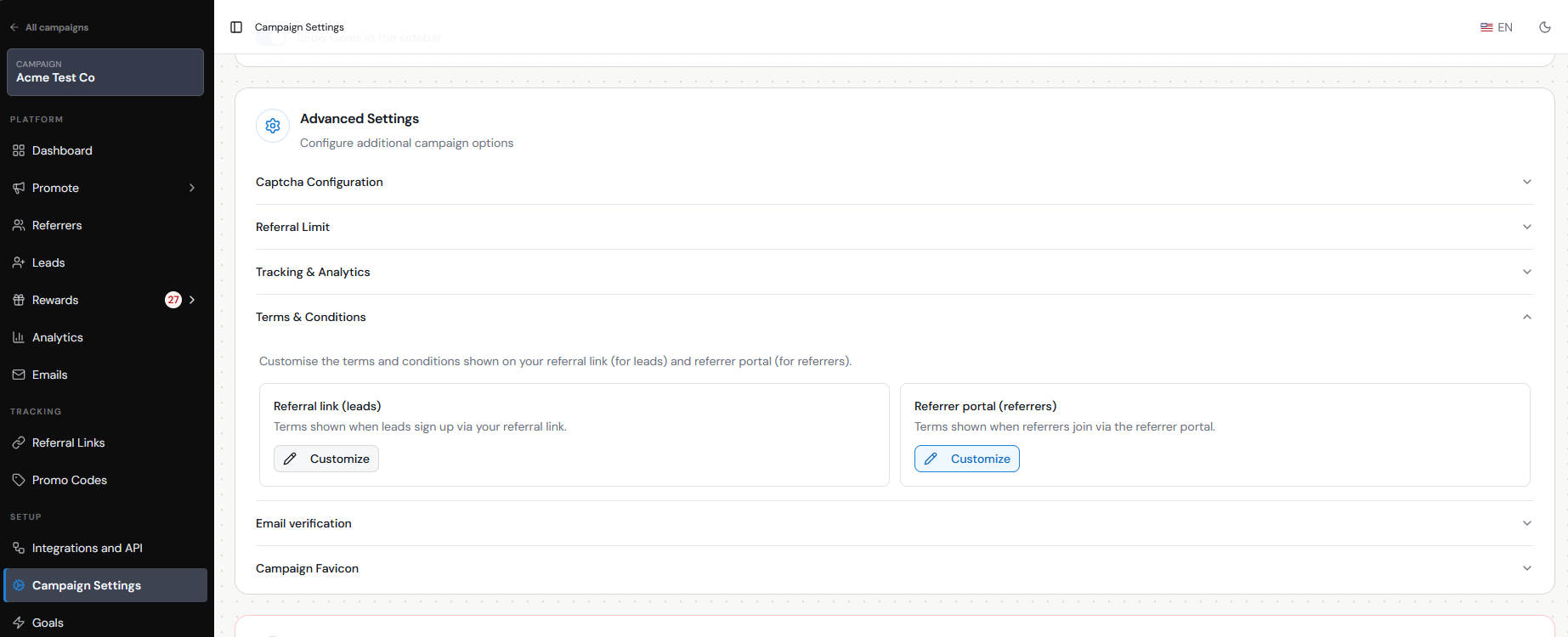 Terms and Conditions settings in Referral Factory