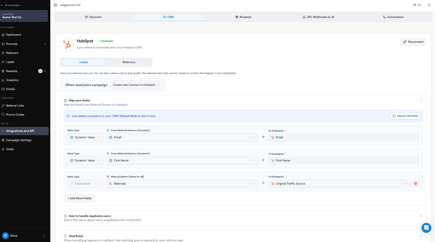 Referral Factory CRM qualification setup for an accounting or consulting referral program