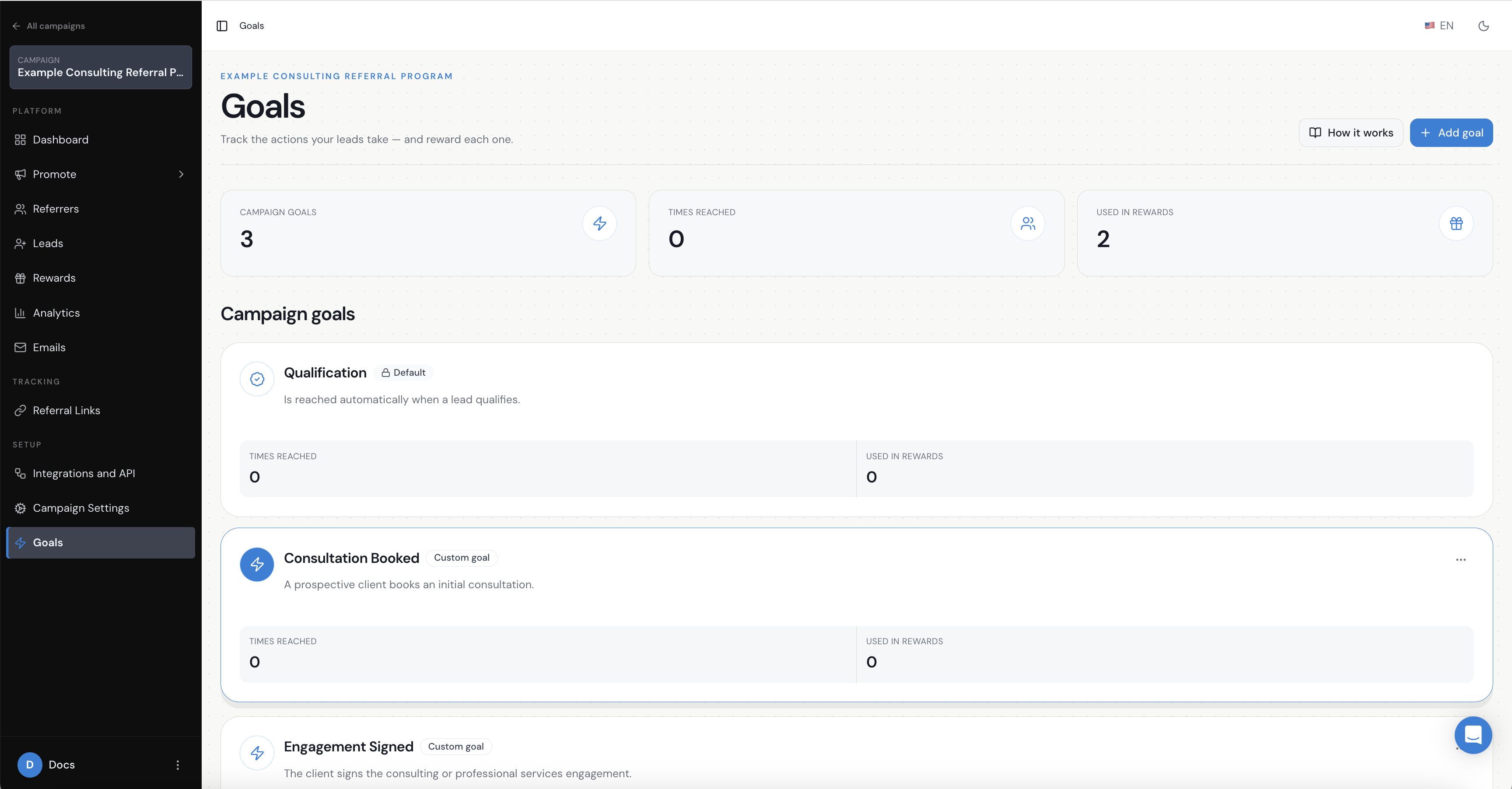 Referral Factory goals used to track referral milestones
