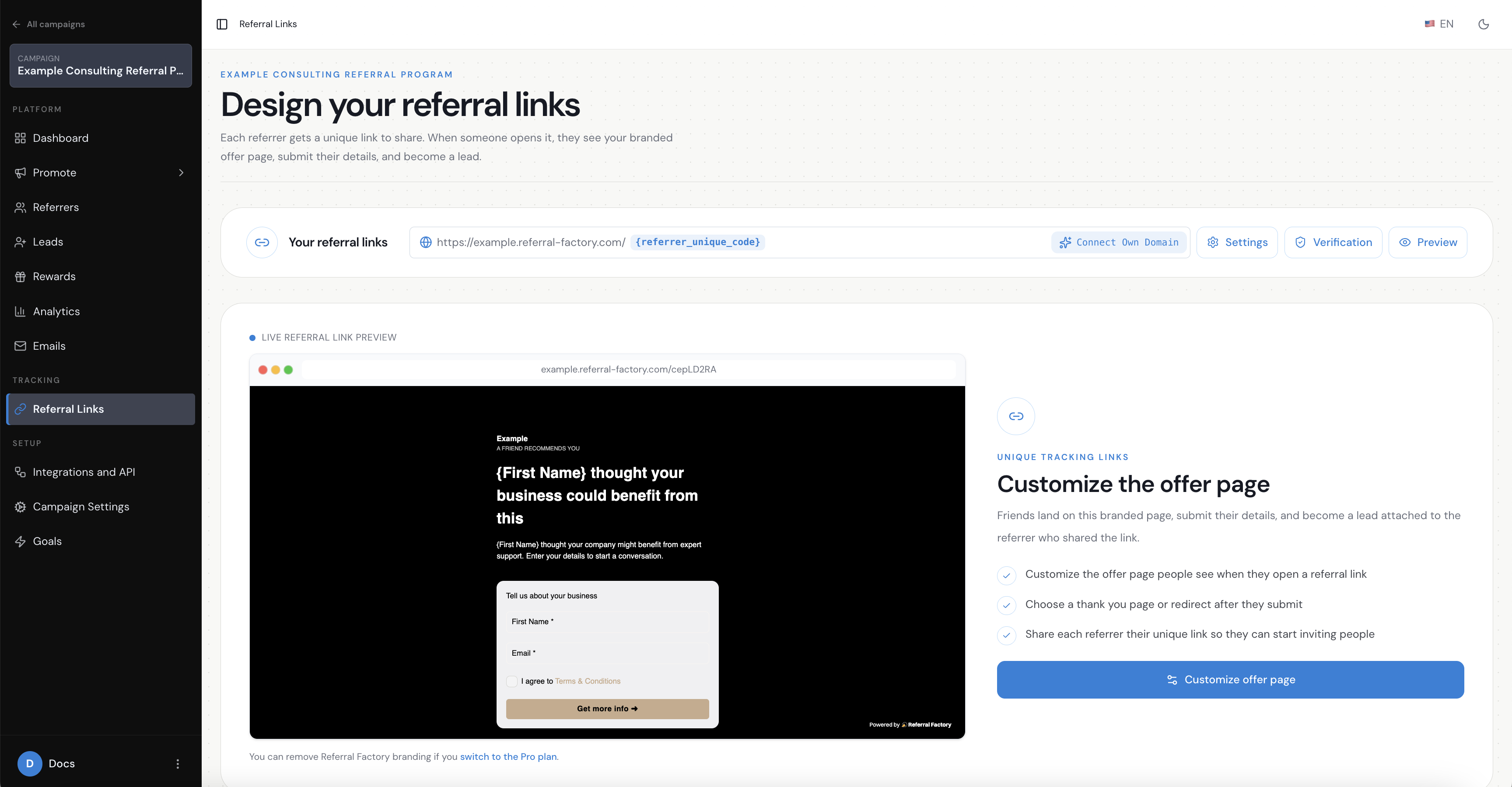 Referral Factory referral link page for an industry referral program