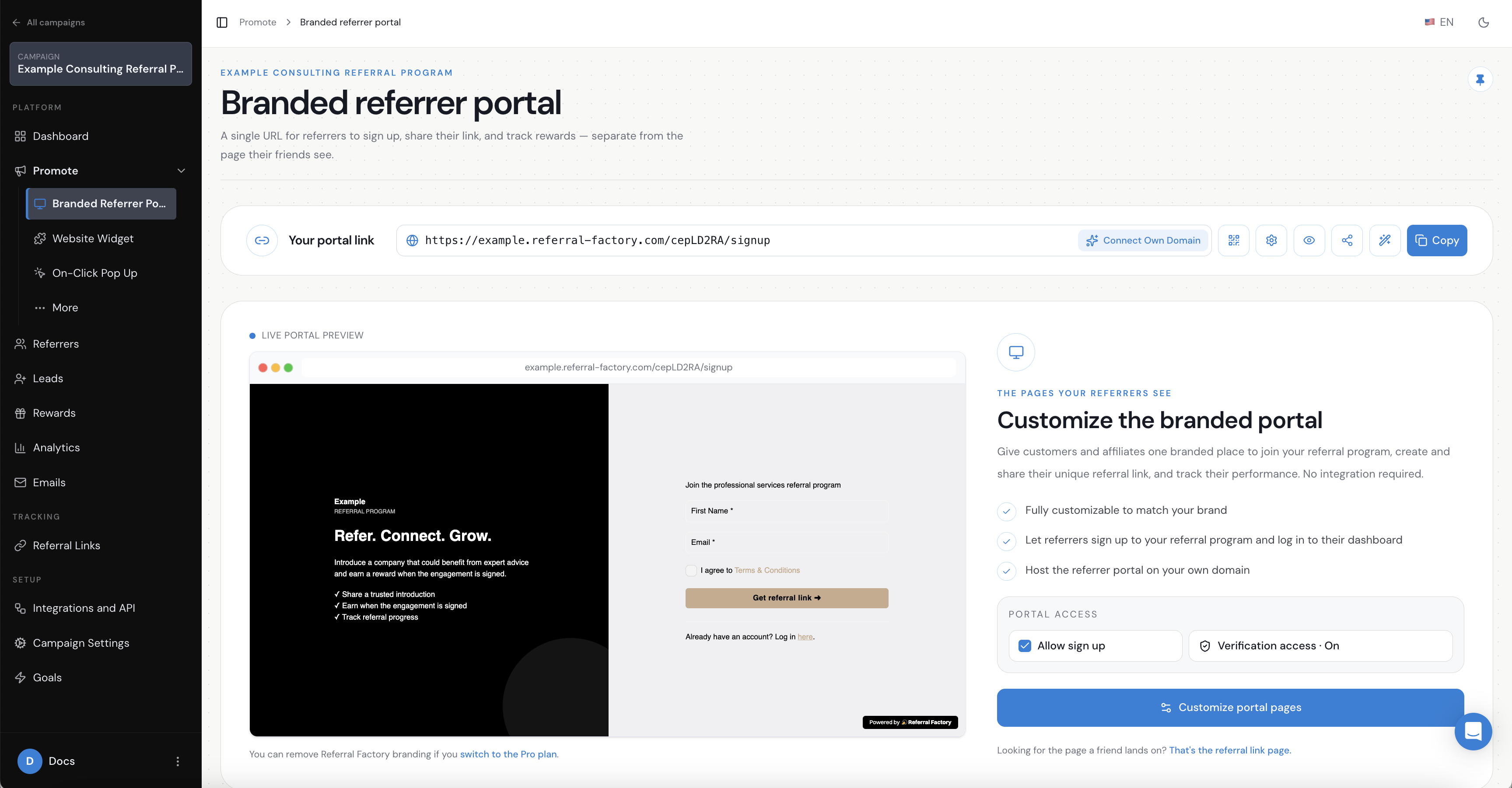 Referral Factory branded referrer portal for an industry referral program