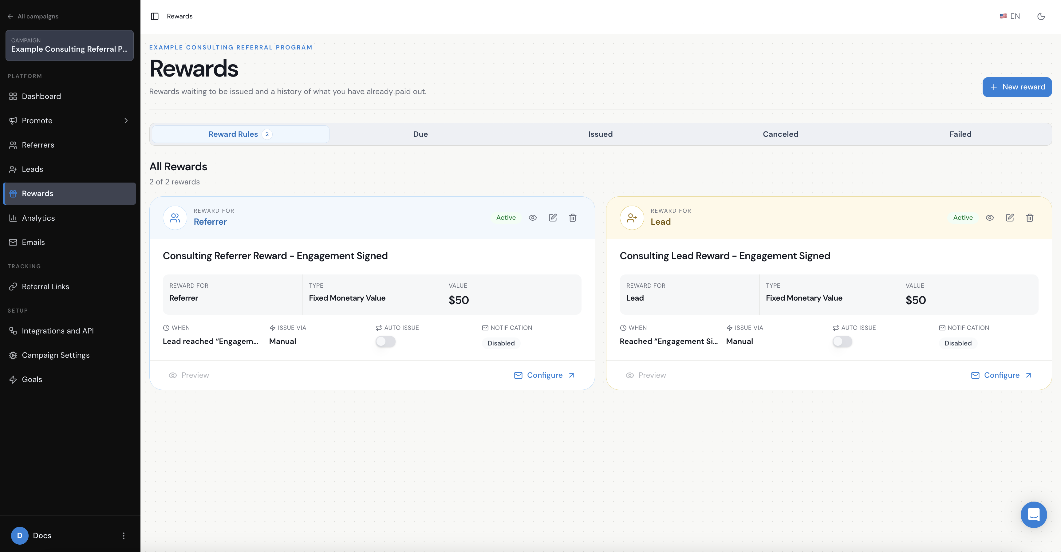 Referral Factory reward rules linked to the final referral milestone