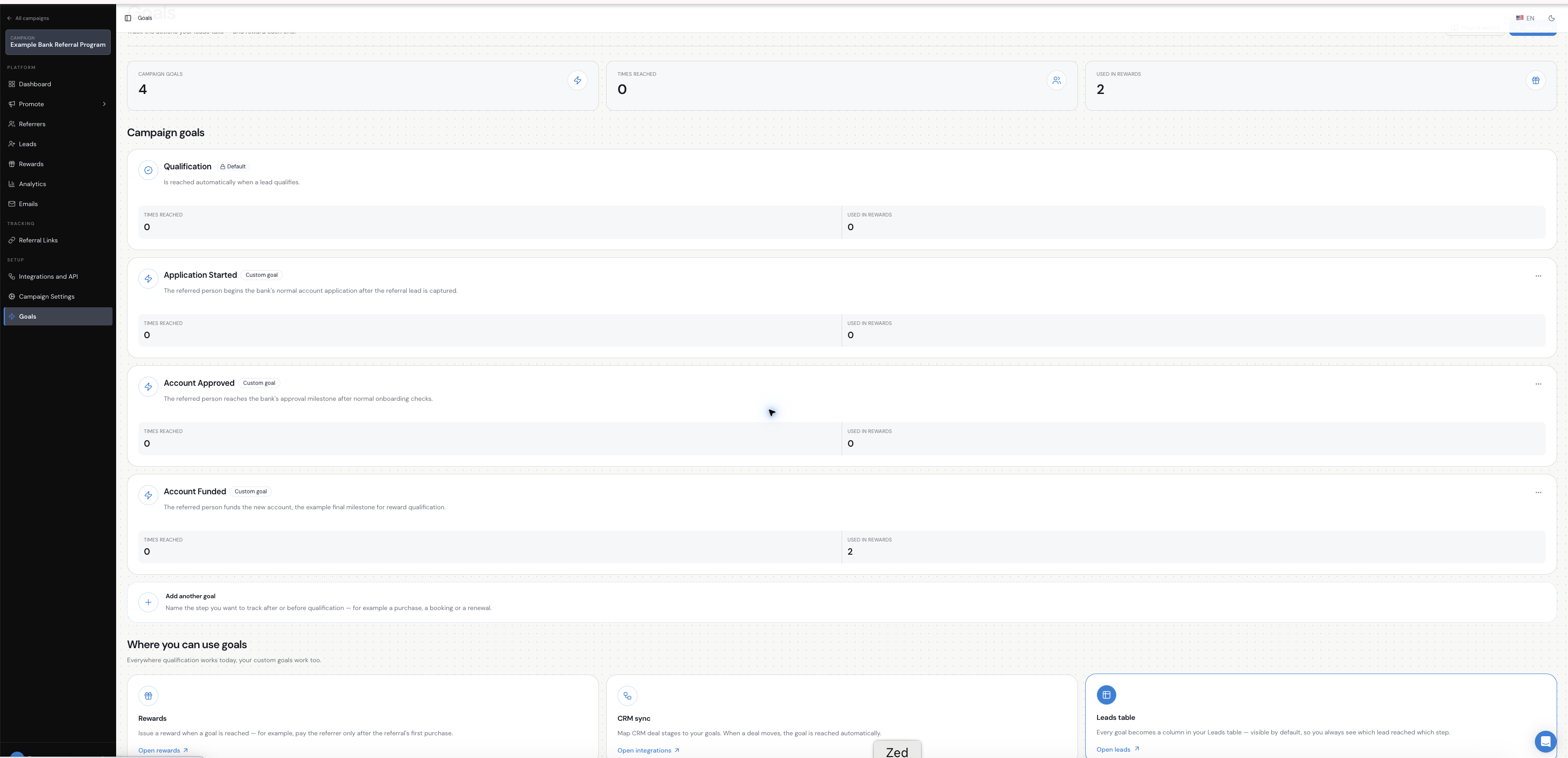 Referral Factory goals used to track referral milestones