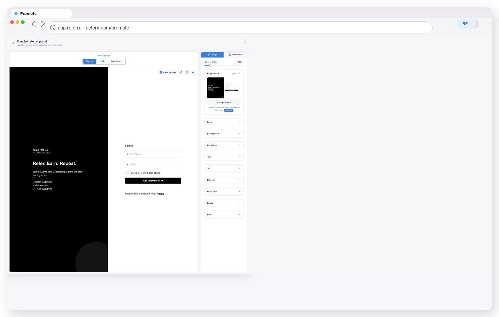 Referral Factory branded referrer portal for an industry referral program
