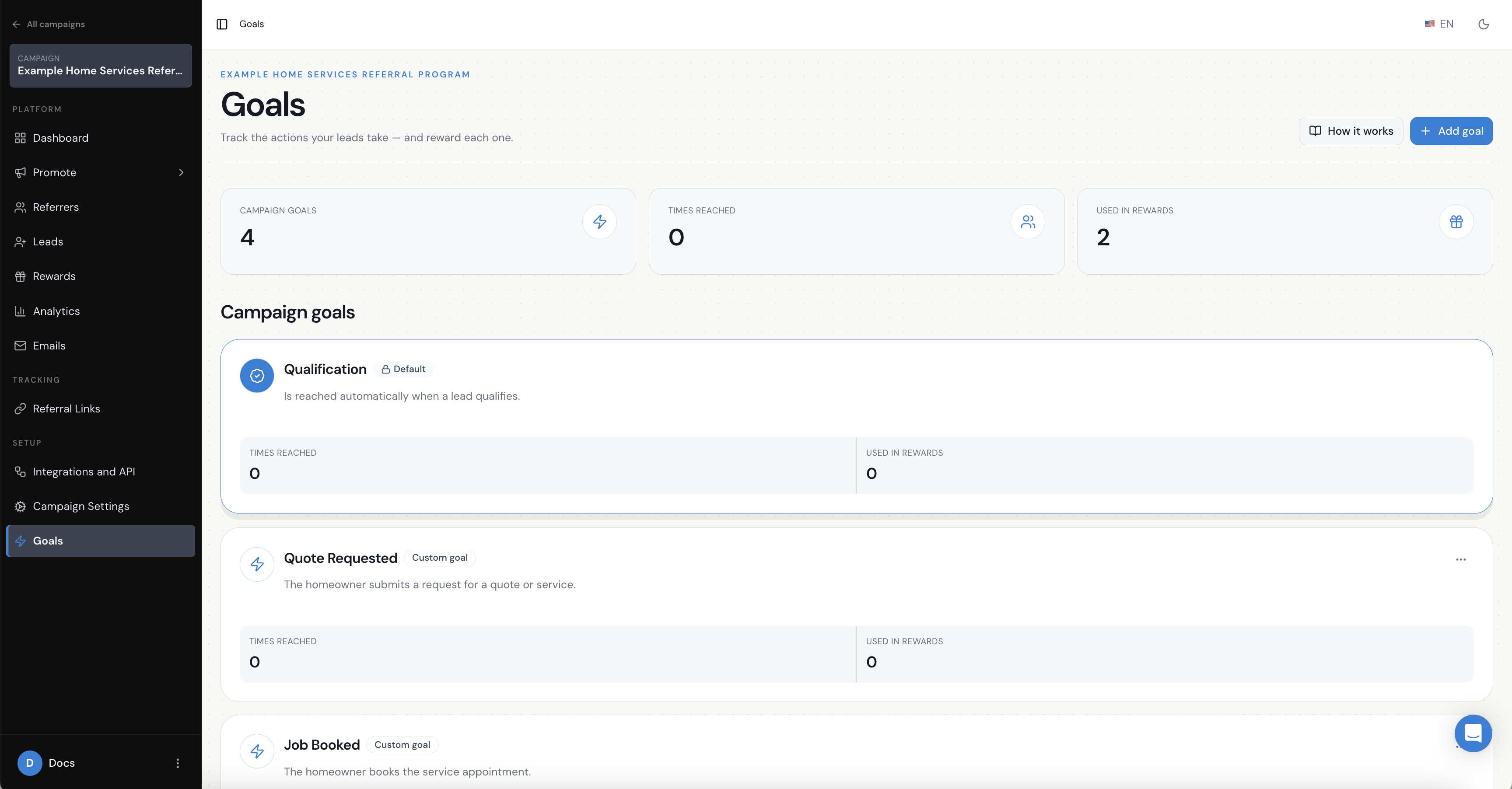 Referral Factory goals used to track referral milestones