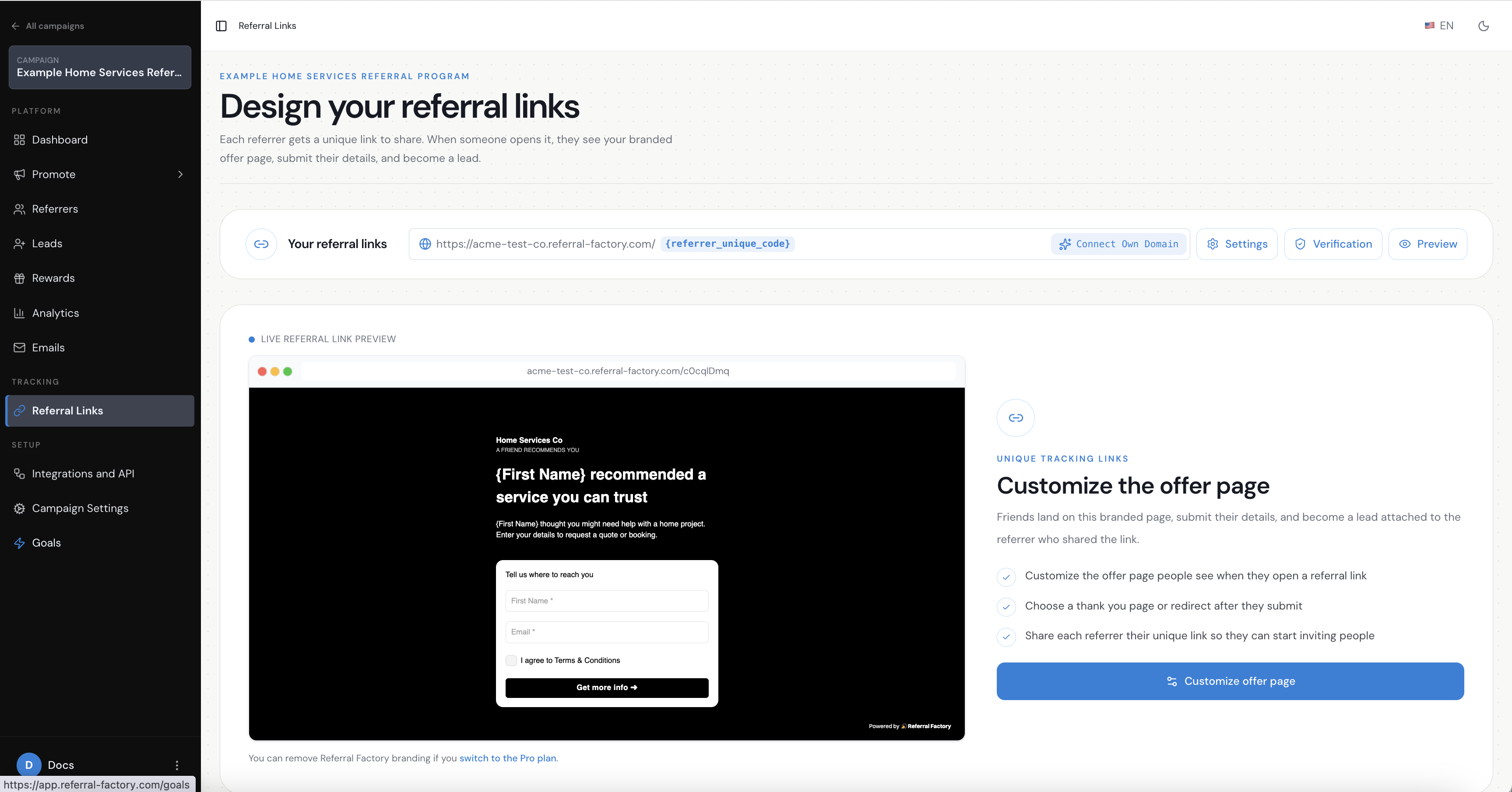 Referral Factory referral link page for an industry referral program