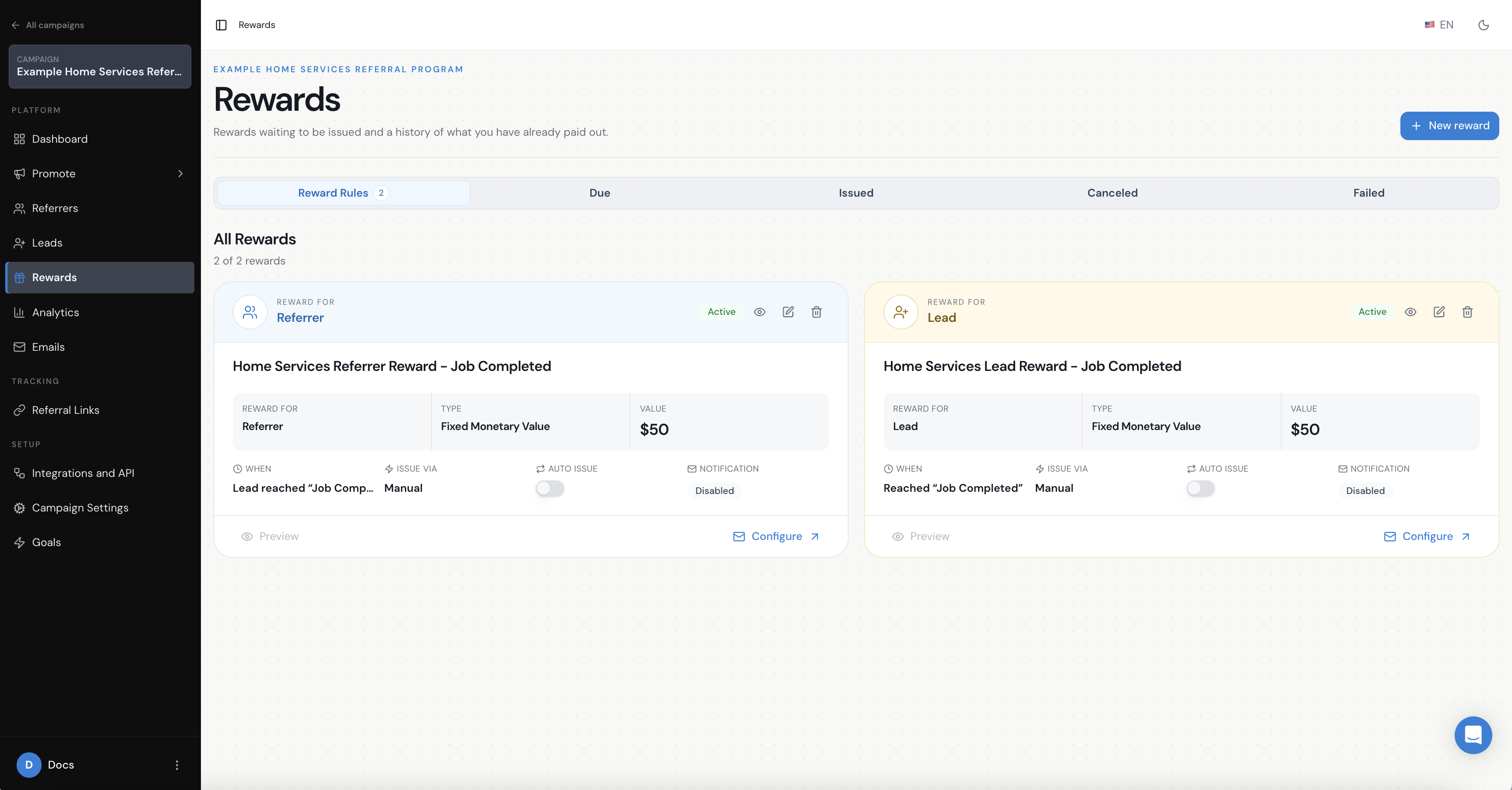 Referral Factory reward rules linked to the final referral milestone