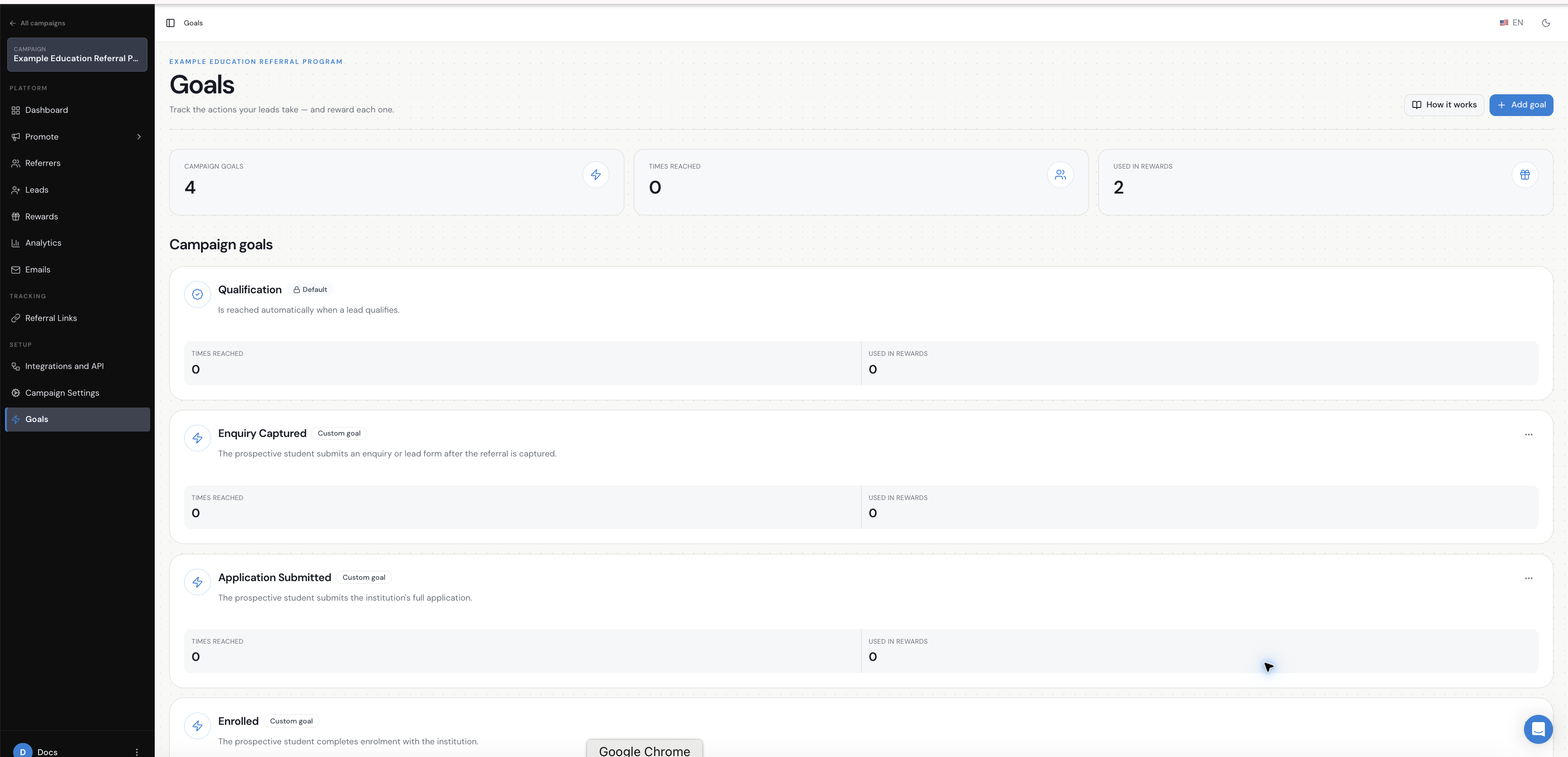 Referral Factory goals used to track referral milestones