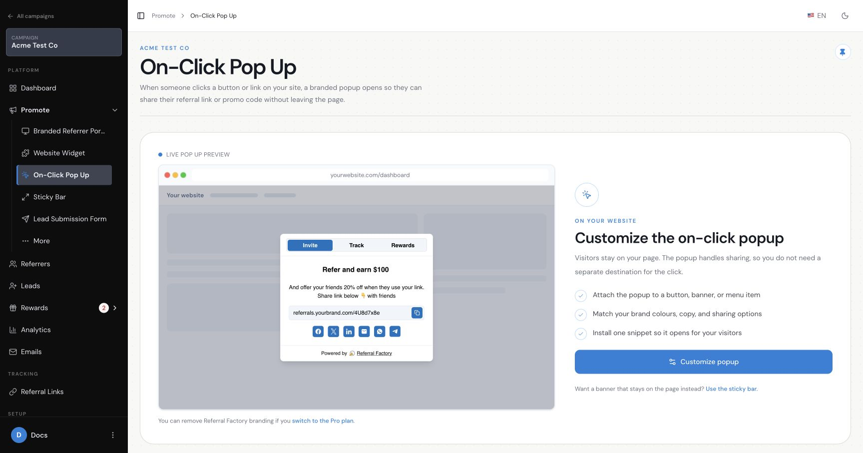 Referral Factory on-click referral popup shown inside a customer experience