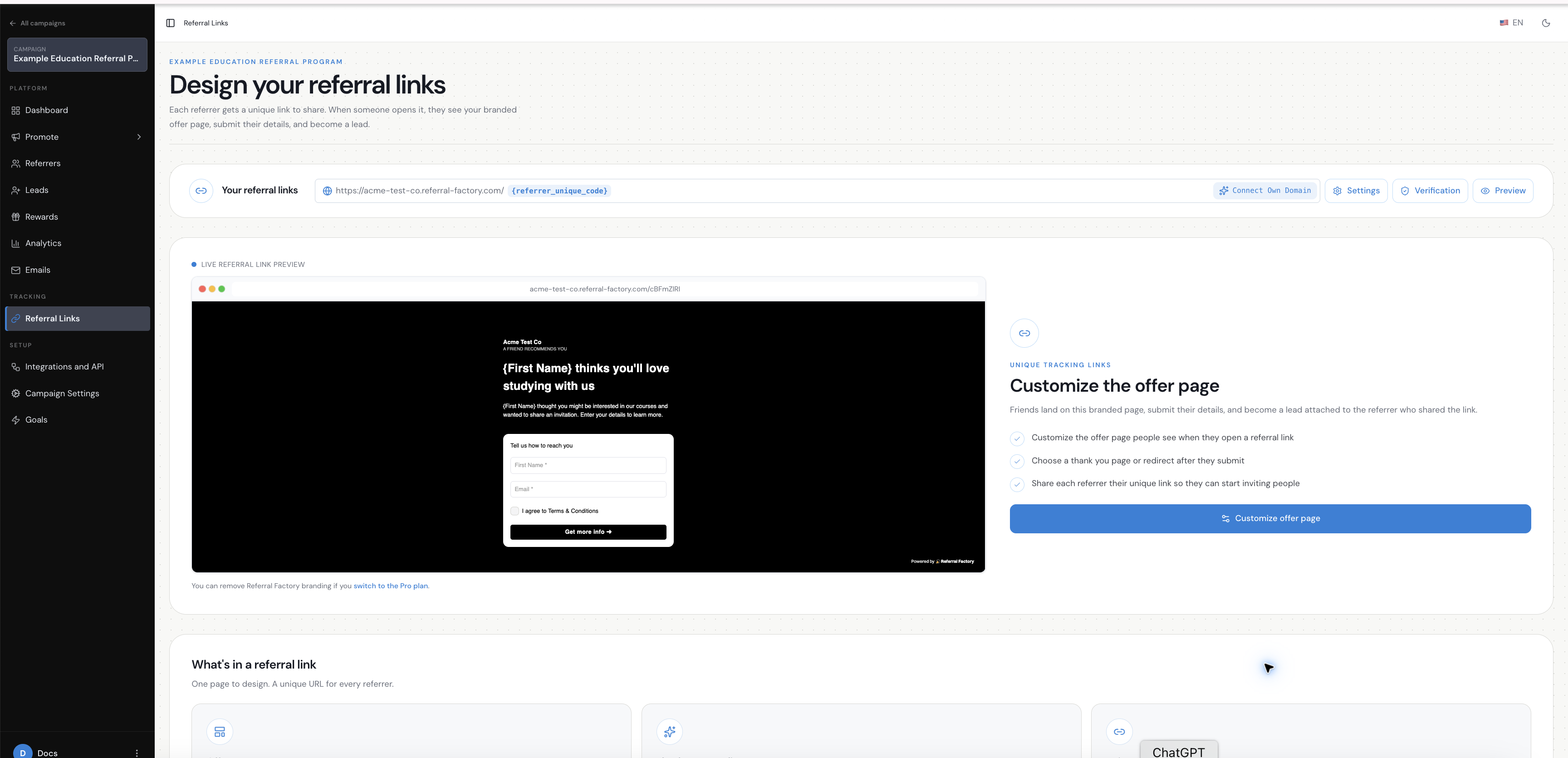 Referral Factory referral link page for an industry referral program