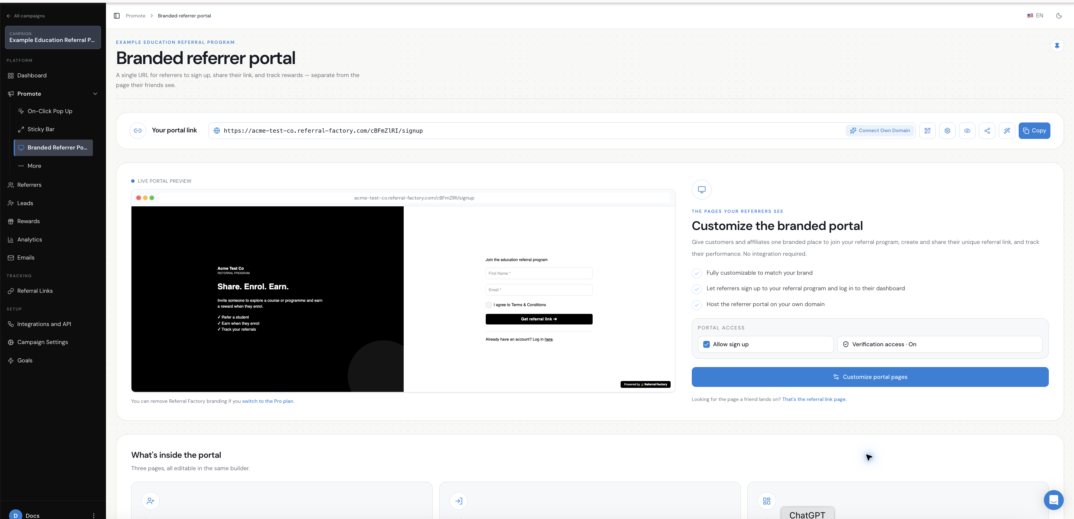 Referral Factory branded referrer portal for an industry referral program