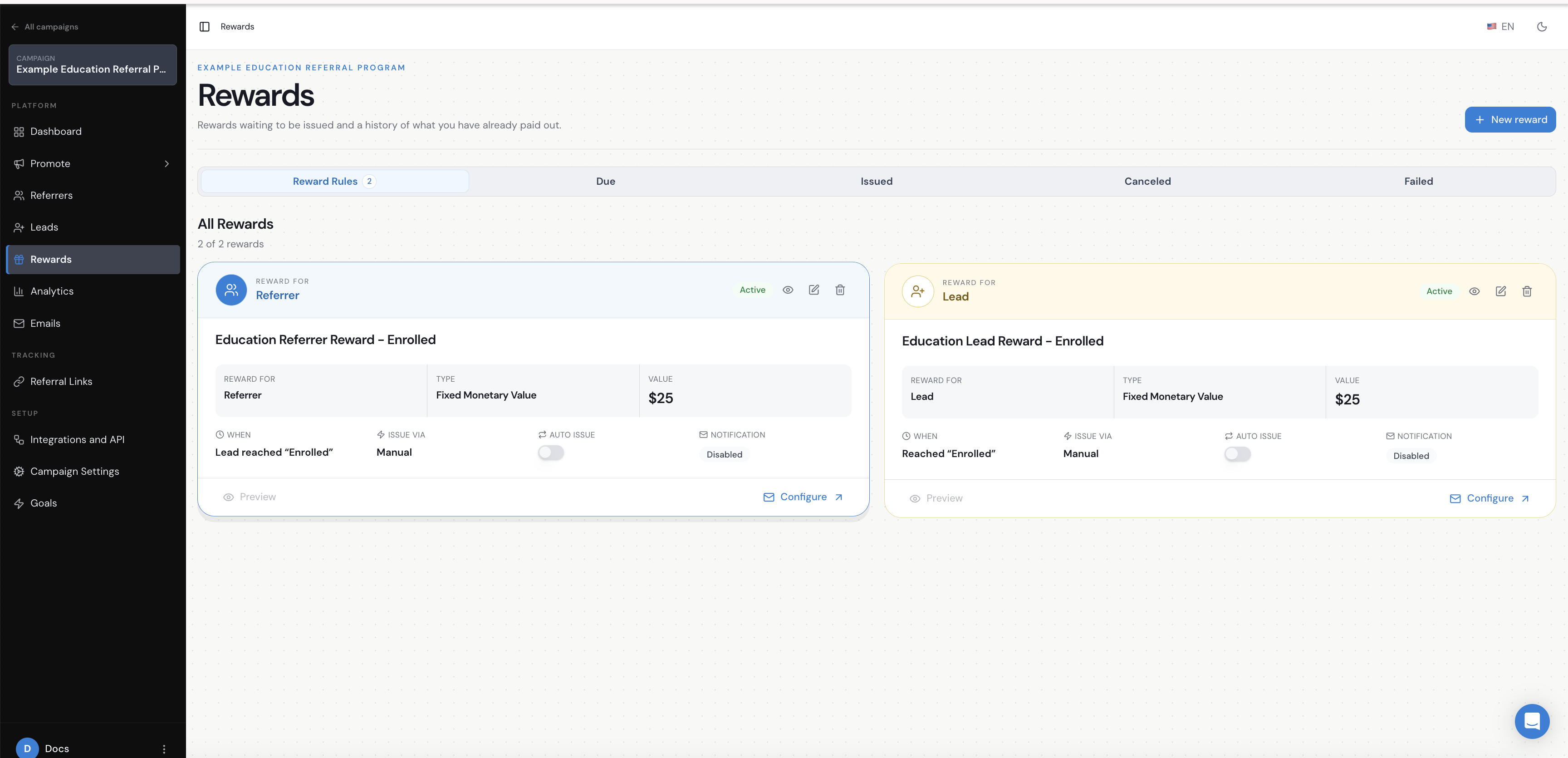 Referral Factory reward rules linked to the final referral milestone