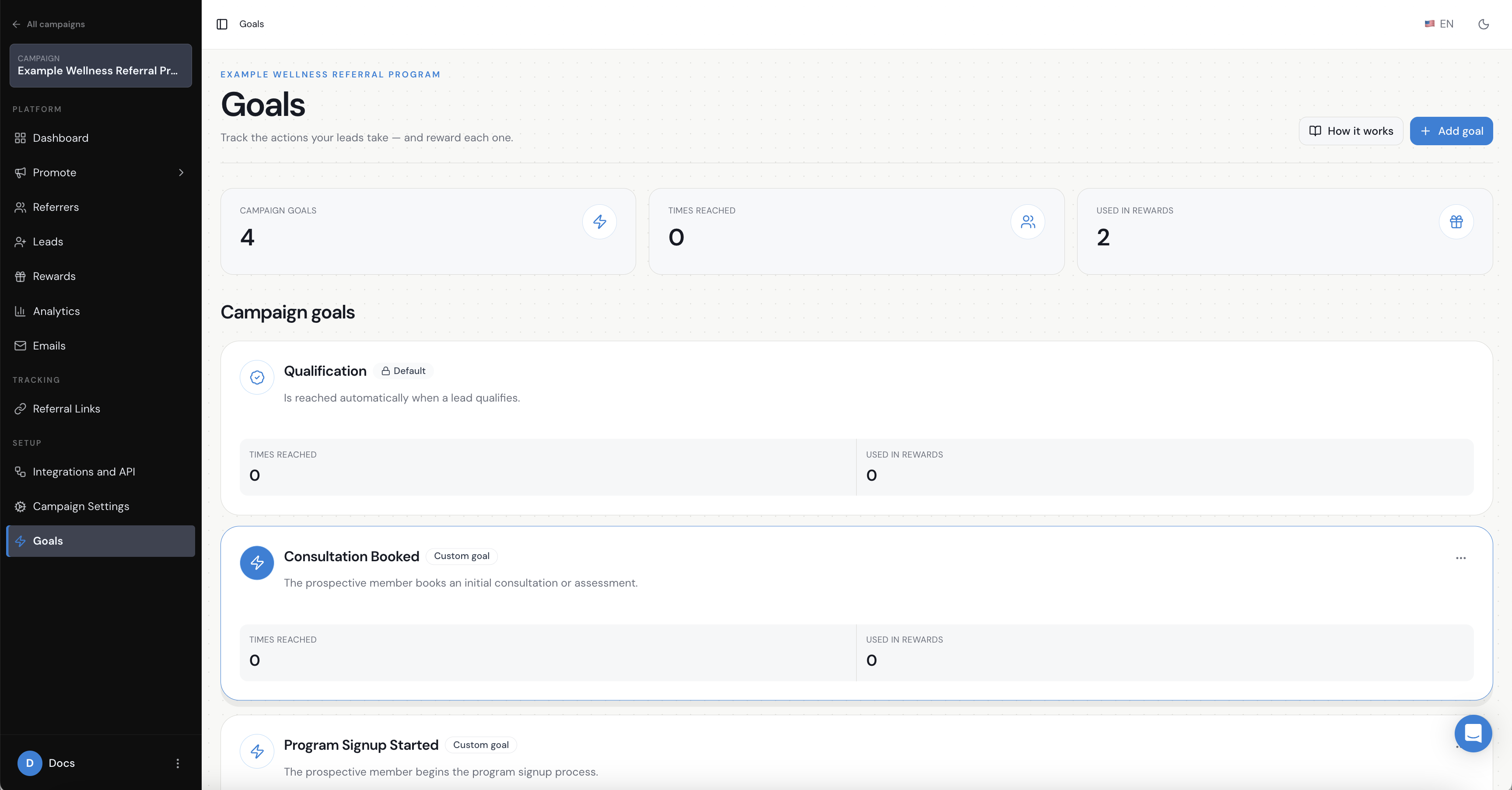 Referral Factory goals used to track referral milestones