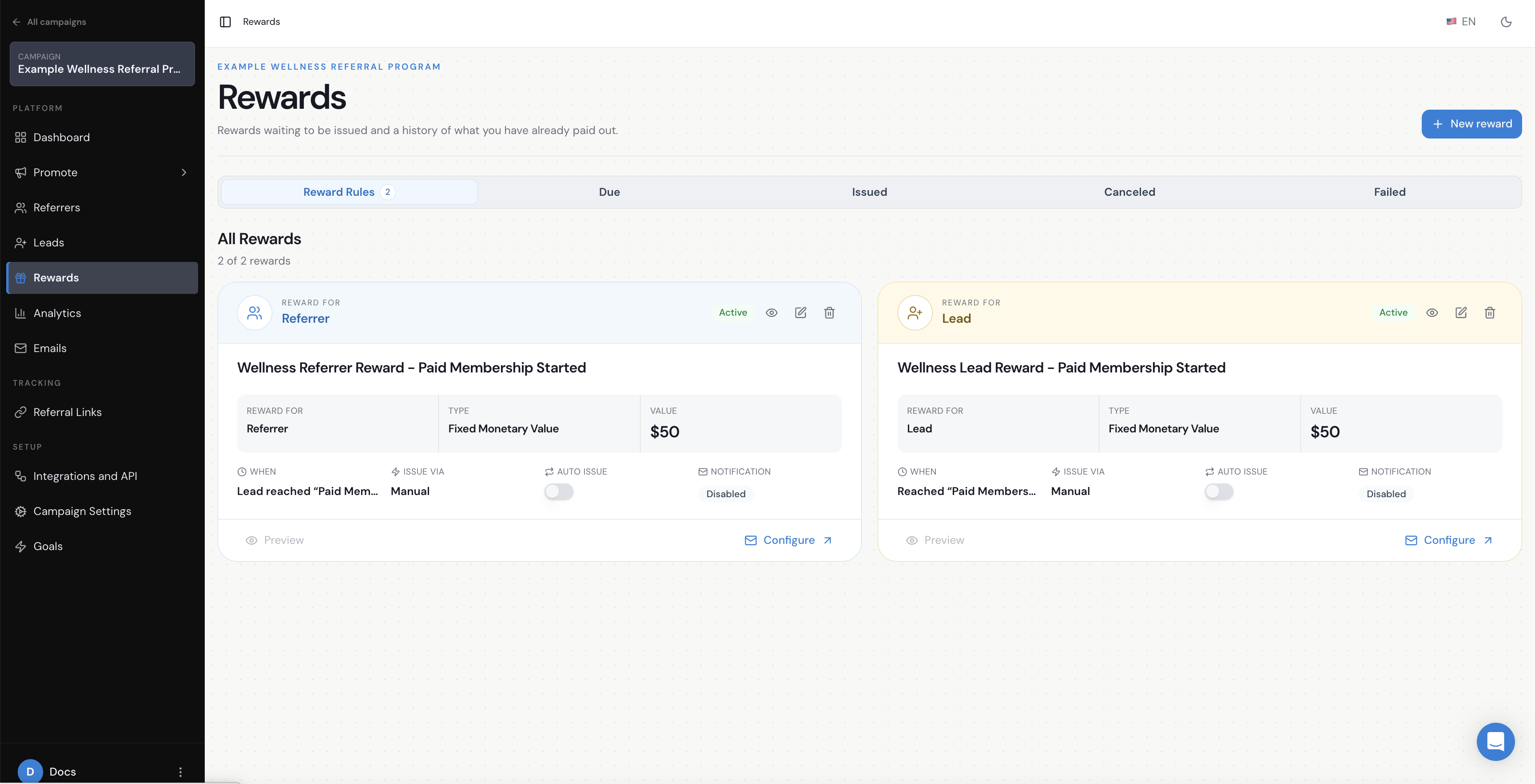 Referral Factory reward rules linked to the final referral milestone