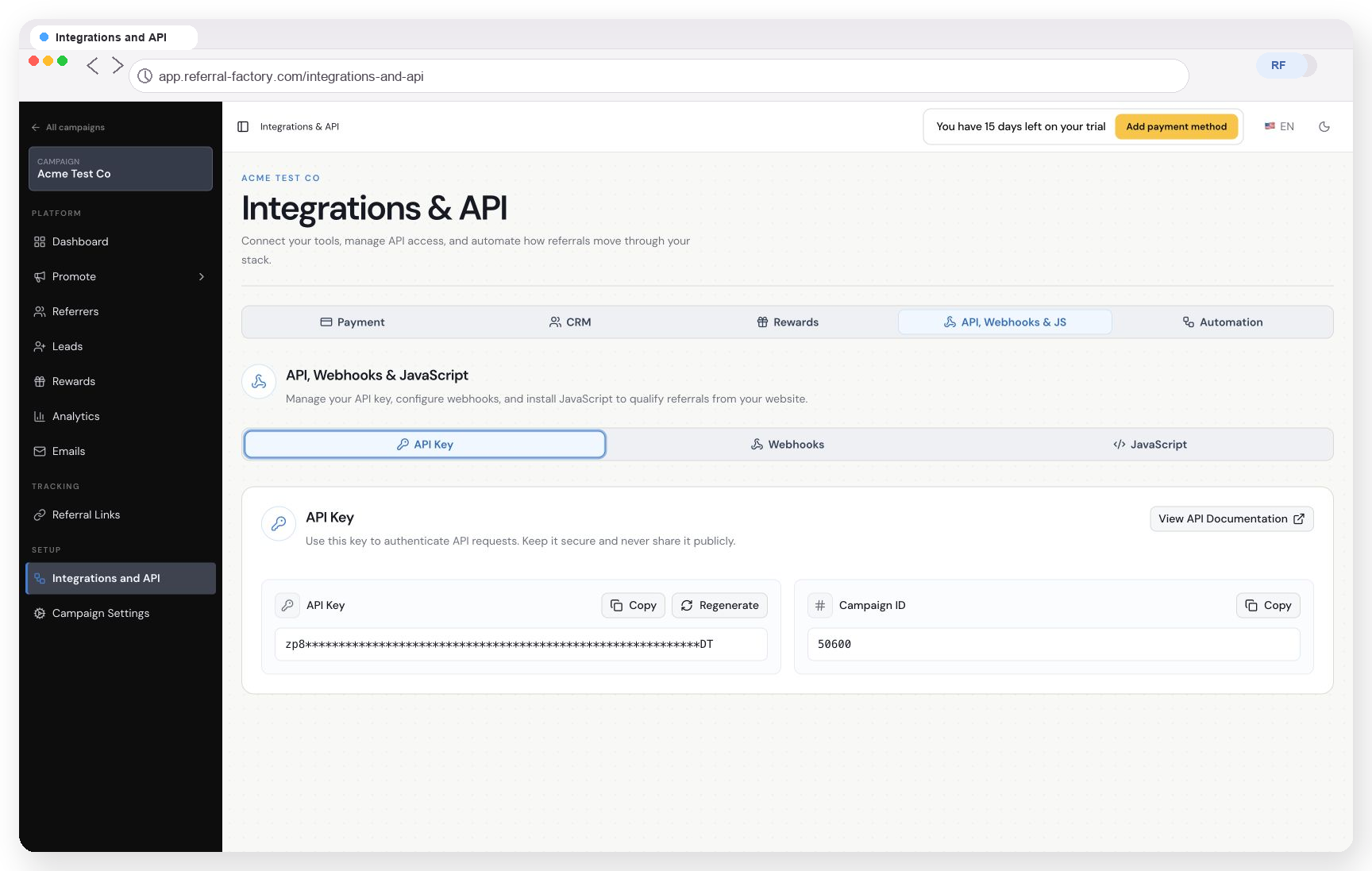 Referral Factory API Key screen showing a masked API Key and Campaign ID