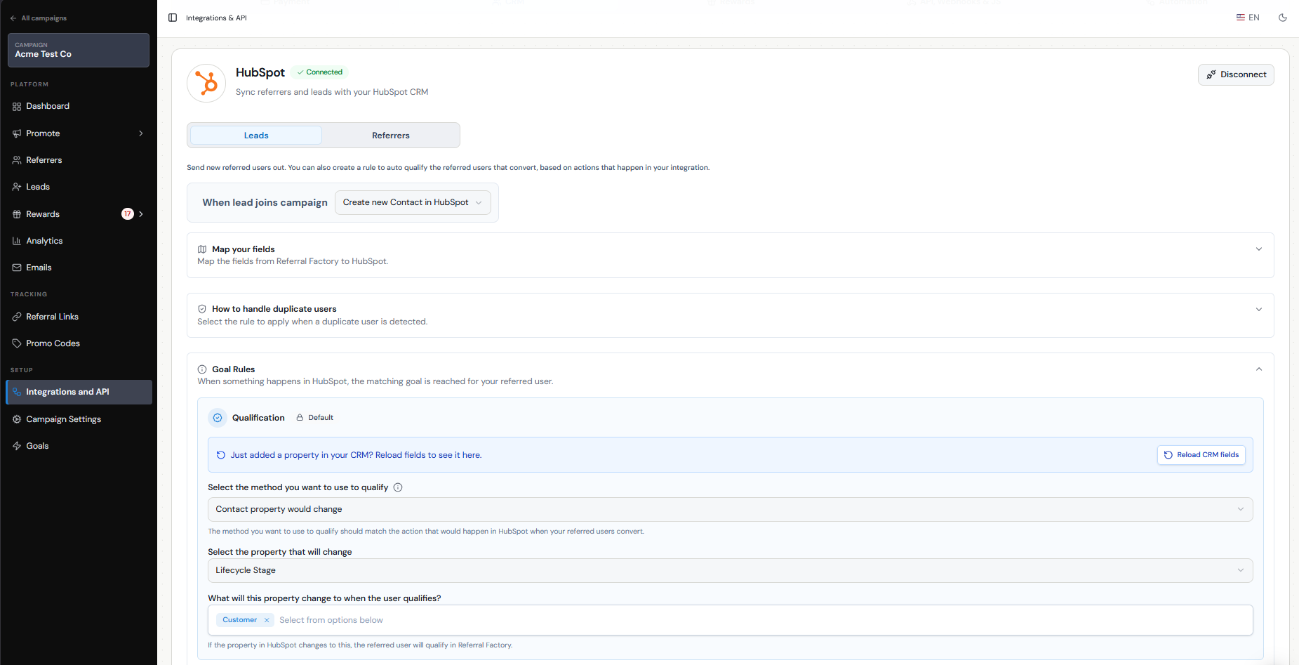 Referral Factory CRM integration screen for configuring Lead qualification rules