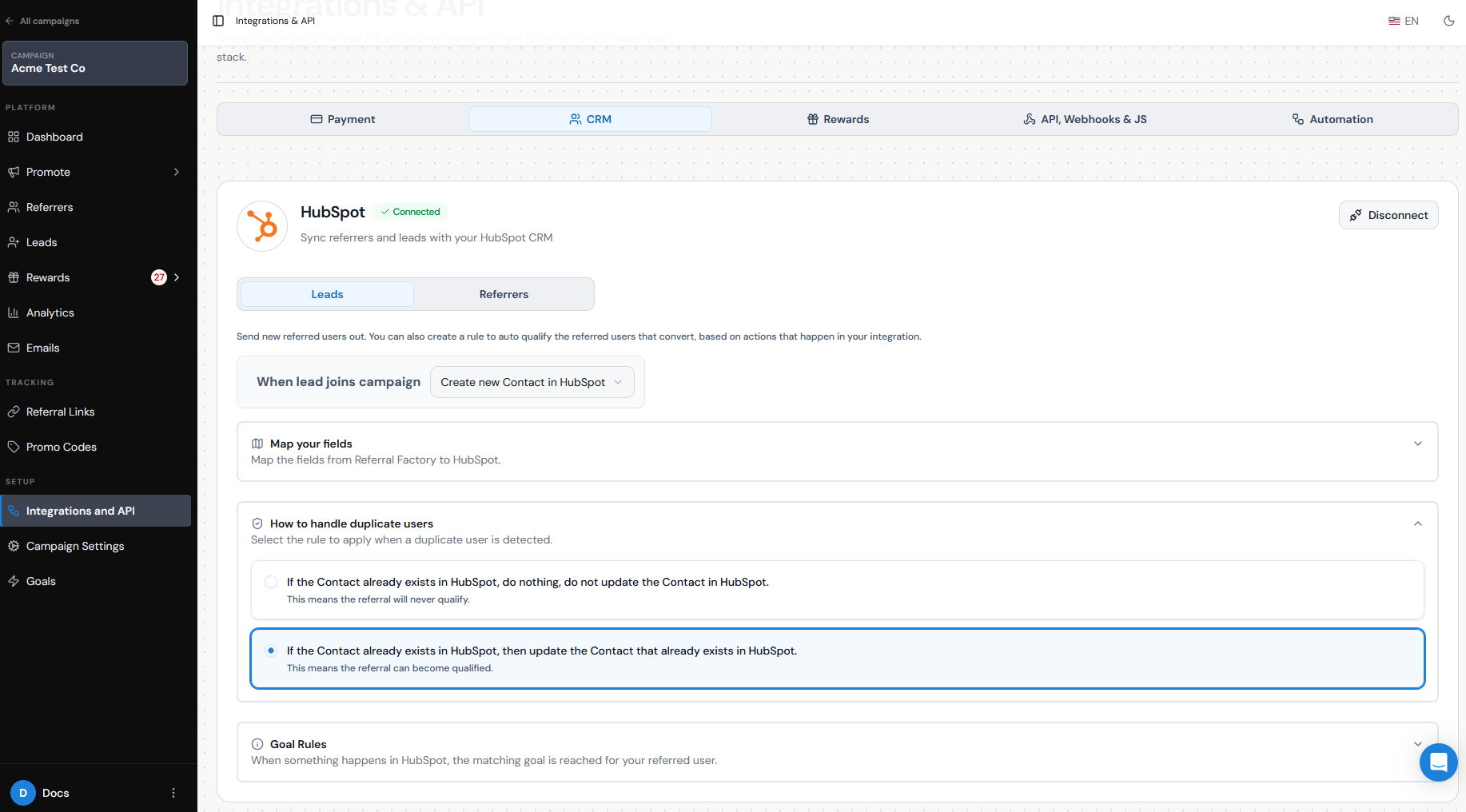 Referral Factory CRM duplicate handling setting for existing records