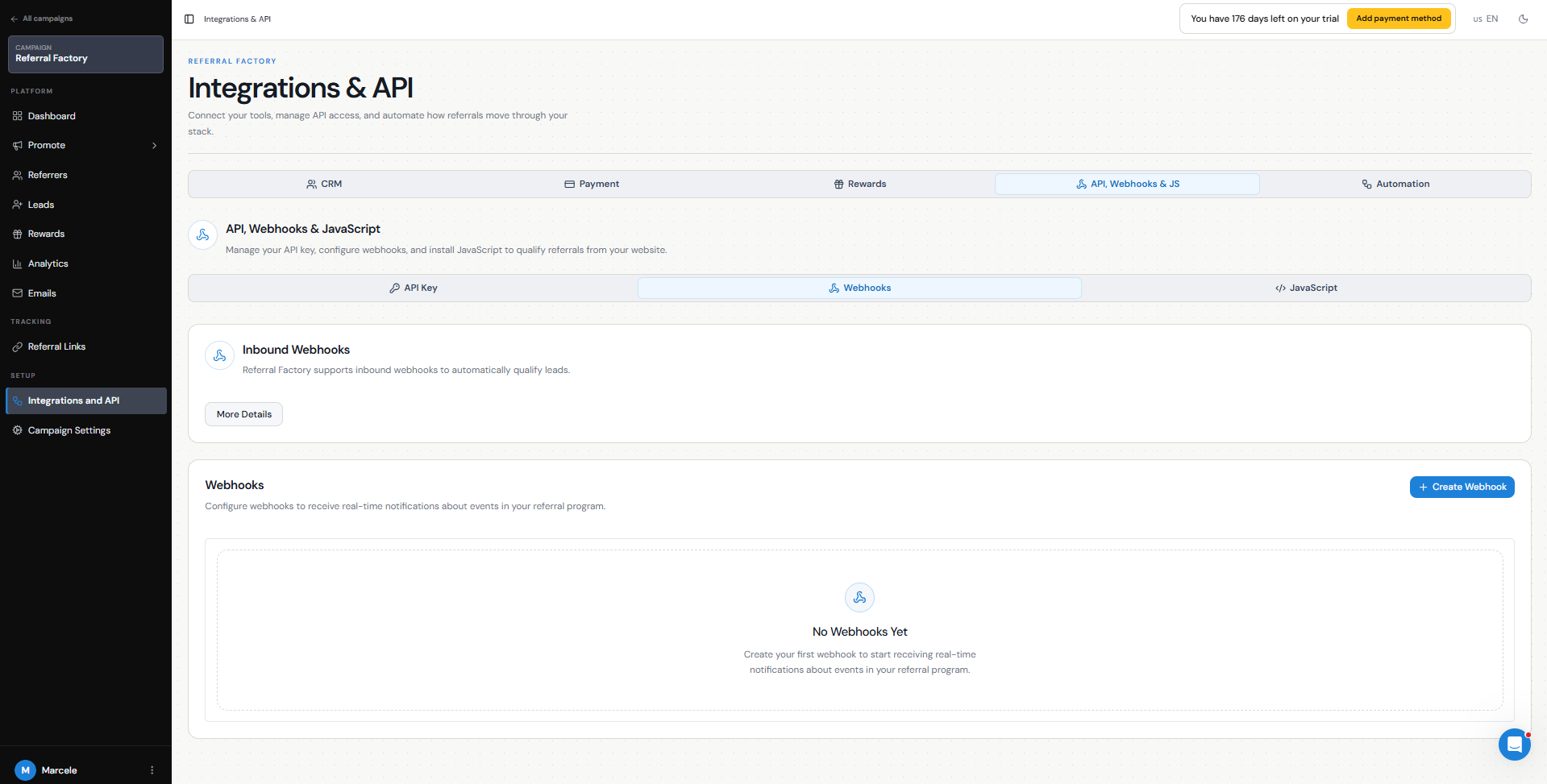 API and webhook integrations available in Referral Factory