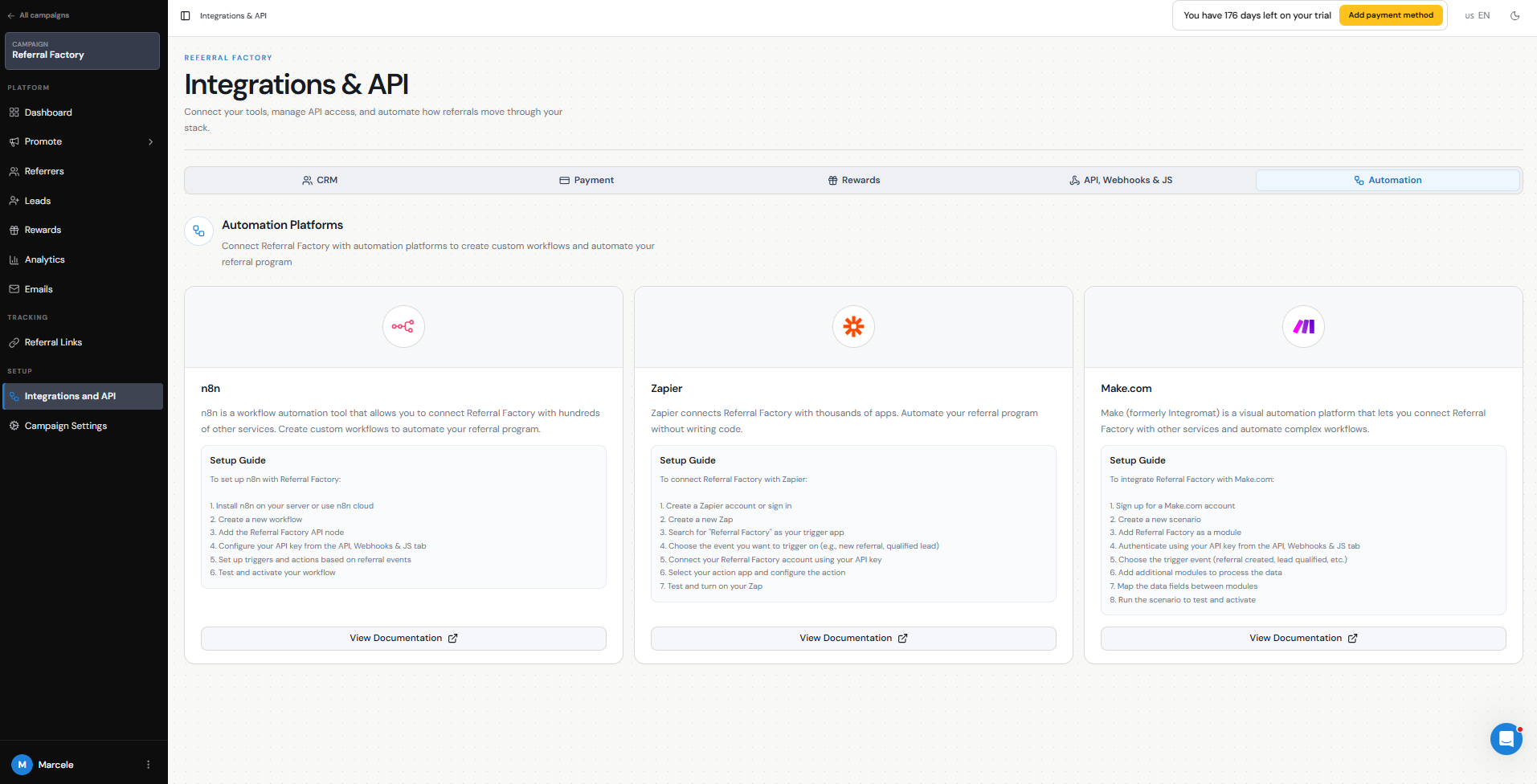 Automation platforms available in Referral Factory