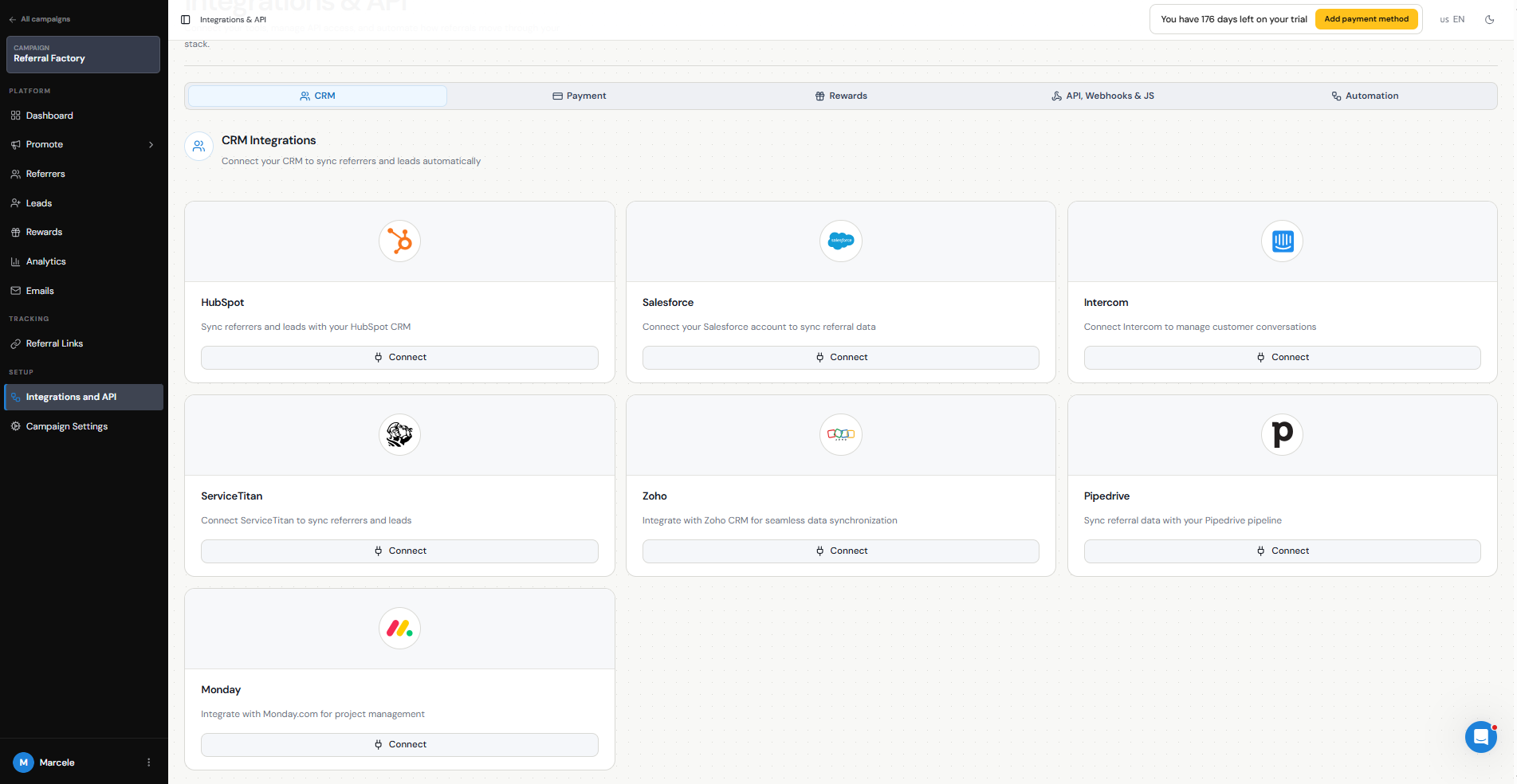 Native CRM integrations available in Referral Factory