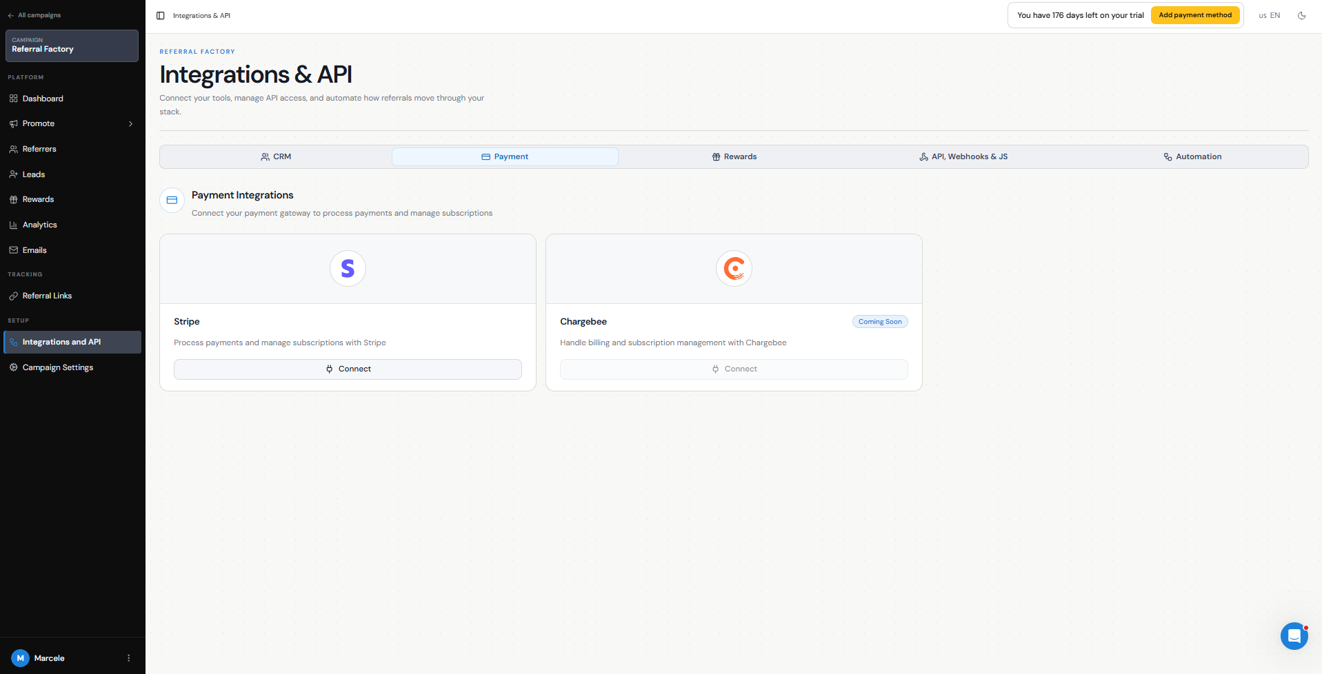 Payment integrations available in Referral Factory