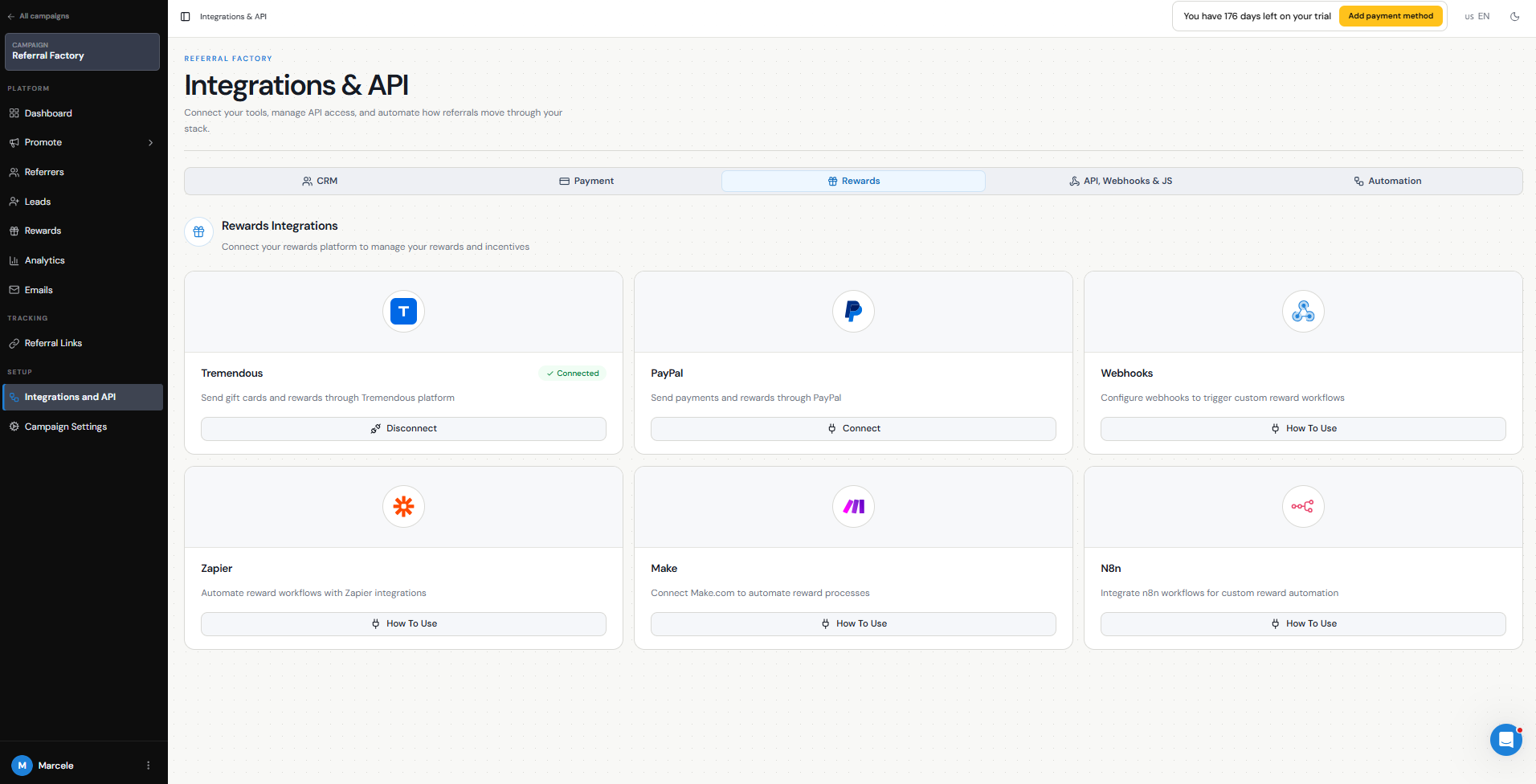 Reward integrations available in Referral Factory