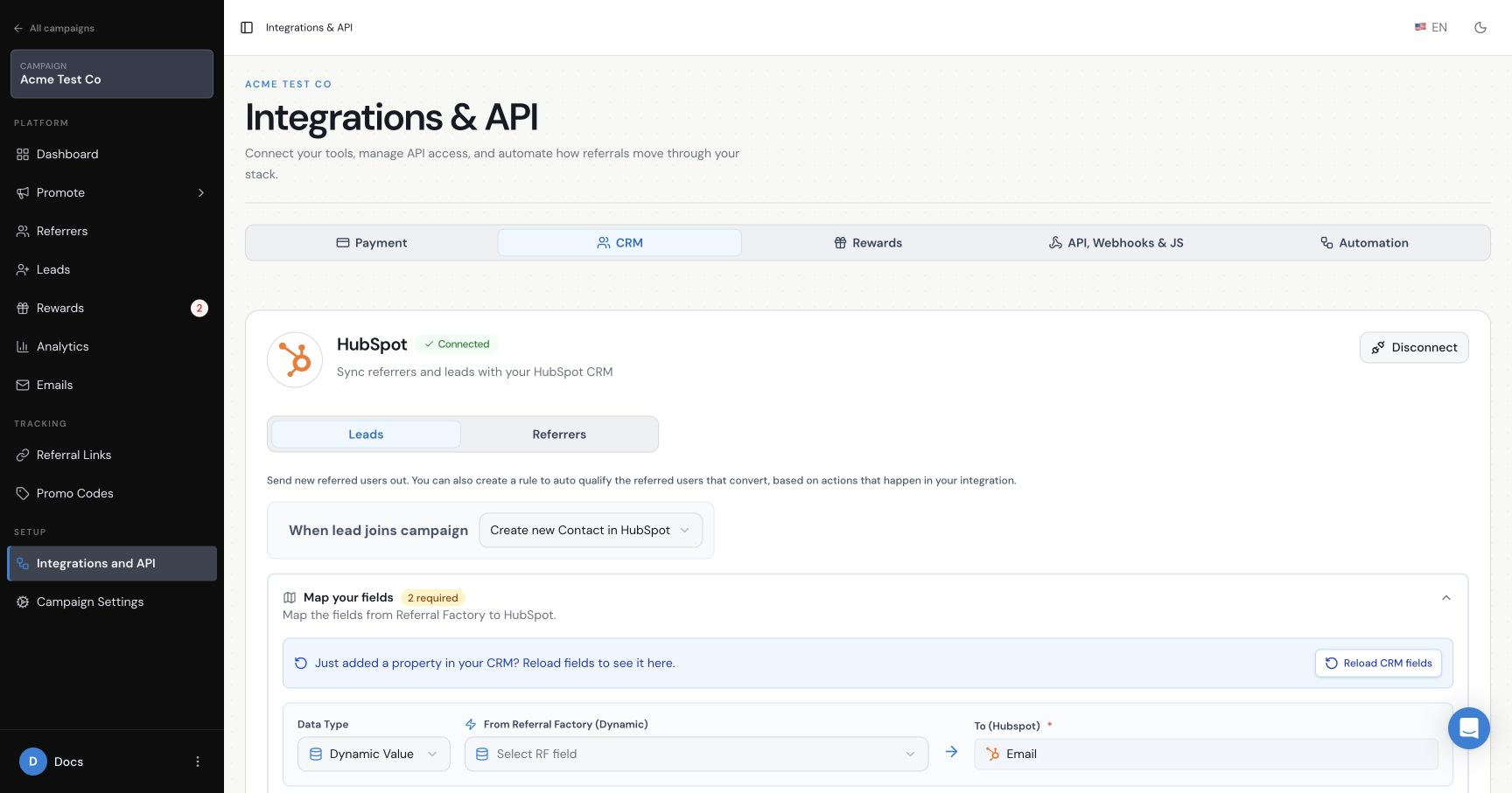 Referral Factory CRM integrations screen with HubSpot connected